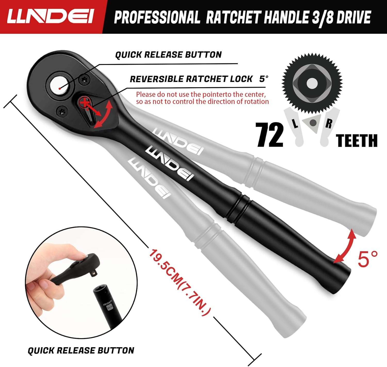 LLNDEI 3/8”Drive Impact Socket Set,Standard SAE(5/16 to 3/4-Inch) Metric Size(8-22mm), 95 Piece, CR-V Steel Deep&Shallow Kit, Adapters, Ratchet Handle, Screwdriver Bit Set, Spark Plug Socket, 6 Point - Image 6