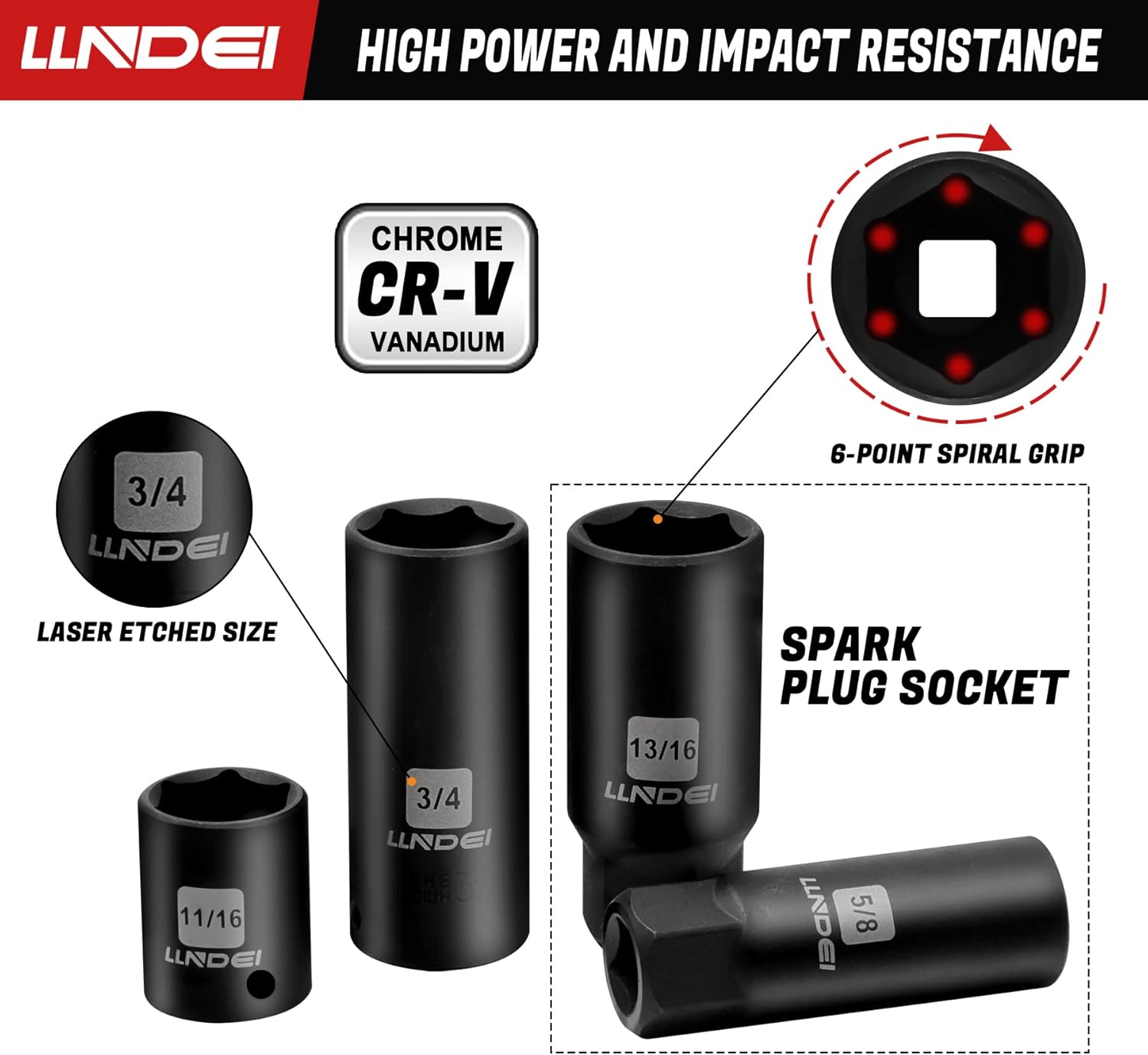 LLNDEI 3/8”Drive Impact Socket Set,Standard SAE(5/16 to 3/4-Inch) Metric Size(8-22mm), 95 Piece, CR-V Steel Deep&Shallow Kit, Adapters, Ratchet Handle, Screwdriver Bit Set, Spark Plug Socket, 6 Point - Image 7