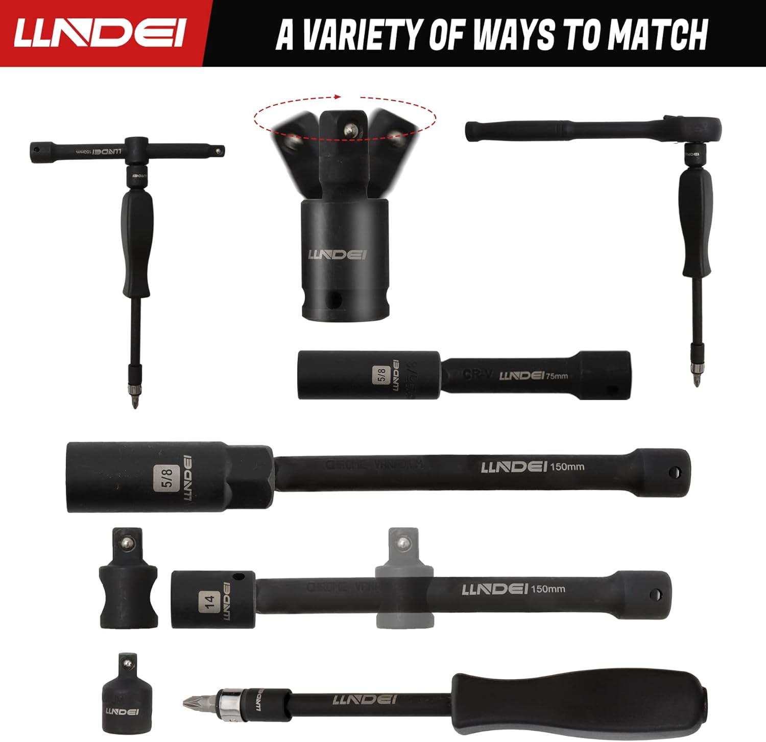 LLNDEI 3/8”Drive Impact Socket Set,Standard SAE(5/16 to 3/4-Inch) Metric Size(8-22mm), 95 Piece, CR-V Steel Deep&Shallow Kit, Adapters, Ratchet Handle, Screwdriver Bit Set, Spark Plug Socket, 6 Point - Image 9