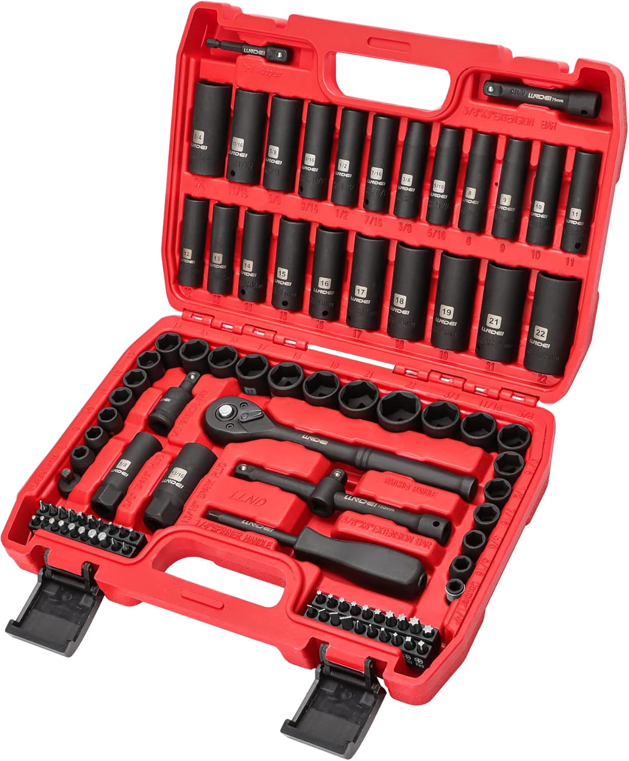 LLNDEI 3/8”Drive Impact Socket Set,Standard SAE(5/16 to 3/4-Inch) Metric Size(8-22mm), 95 Piece, CR-V Steel Deep&Shallow Kit, Adapters, Ratchet Handle, Screwdriver Bit Set, Spark Plug Socket, 6 Point - Image 10