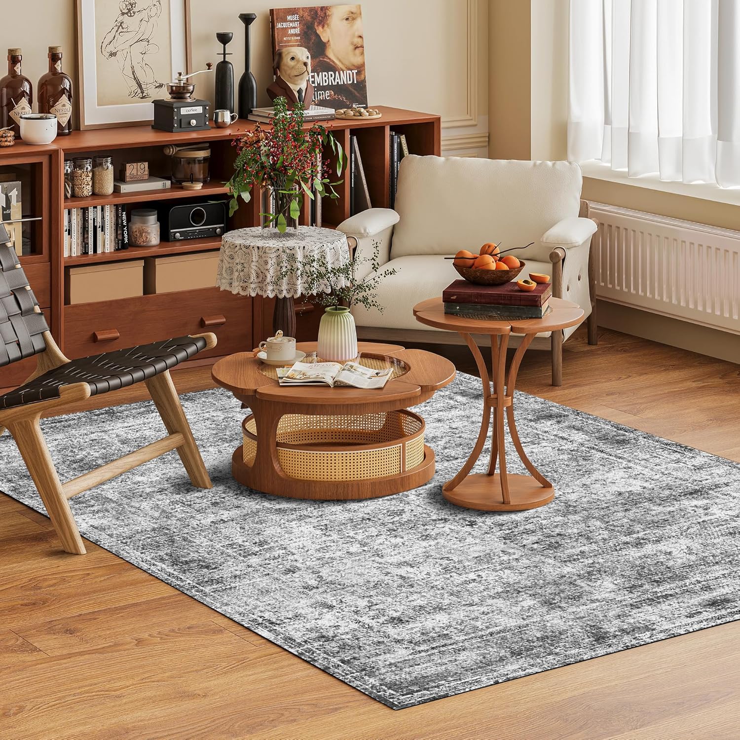 Washable Area Rug 5' x 7' Vintage Traditional Persian Mat - Foldable Distressed Non-Slip Machine Washable Carpet for Living Room Bedroom Kitchen Home Decor - Graphite and Mist - Image 3