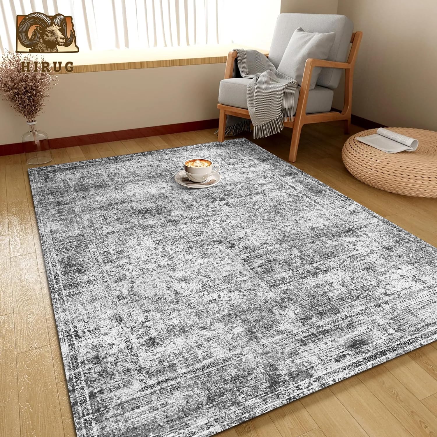 Washable Area Rug 5' x 7' Vintage Traditional Persian Mat - Foldable Distressed Non-Slip Machine Washable Carpet for Living Room Bedroom Kitchen Home Decor - Graphite and Mist - Image 5