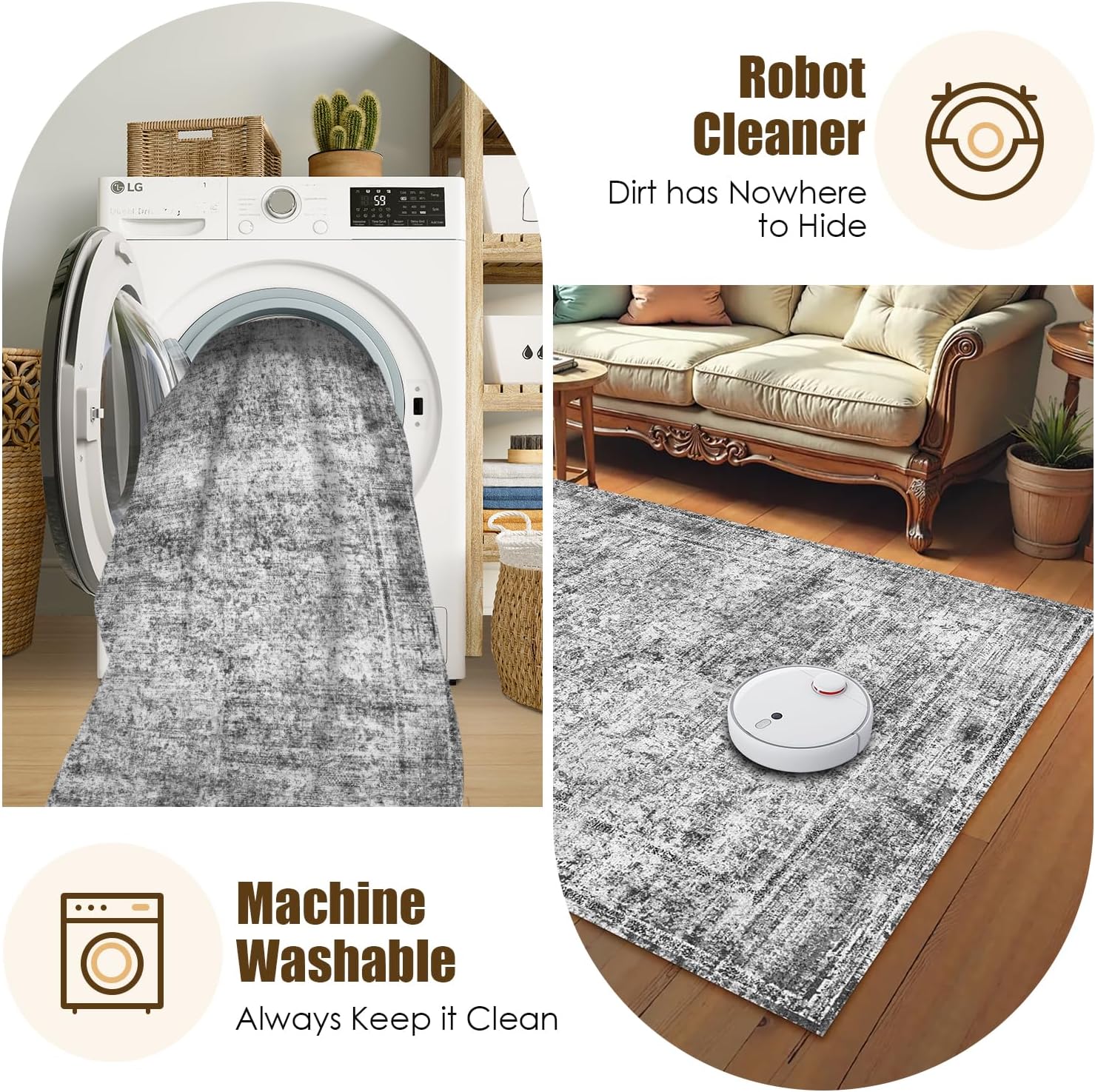 Washable Area Rug 5' x 7' Vintage Traditional Persian Mat - Foldable Distressed Non-Slip Machine Washable Carpet for Living Room Bedroom Kitchen Home Decor - Graphite and Mist - Image 8