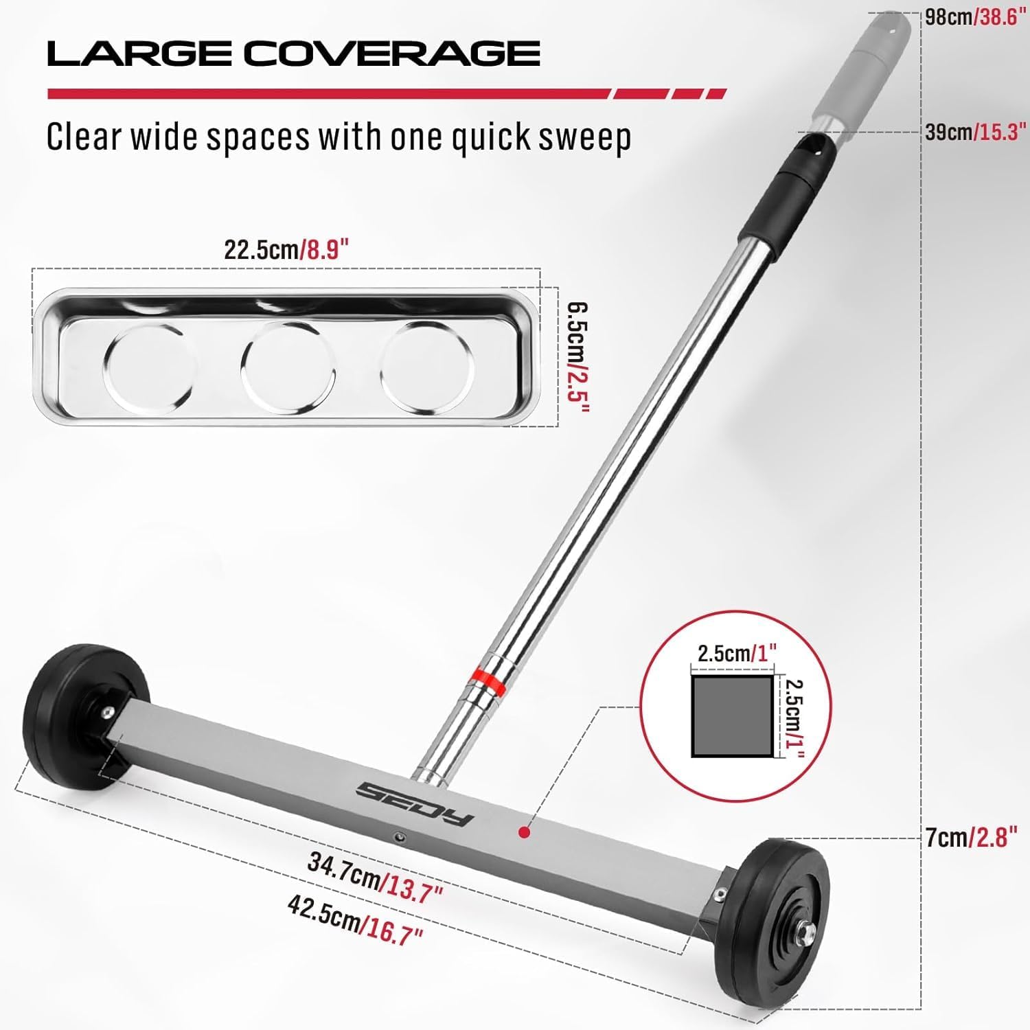 Magnet Sweeper Magnetic Nail Roller: 17-Inch Heavy Duty Magnet Nail Pickup Rolling Tool with Telescoping Adjustable Handle 8.8-Pound Capacity Ideal for Workshop Garage Yard Construction Cleanup - Image 3