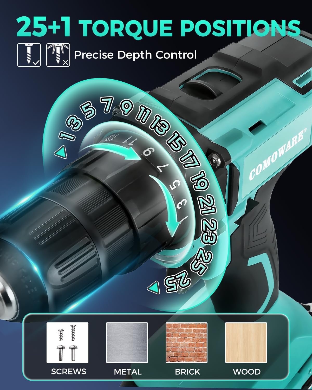 COMOWARE 20V Cordless Drill, Electric Power Drill Set with 1 Battery & Charger, 3/8" Keyless Chuck, 2 Variable Speed, 266 In-lb Torque, 25+1 Position and 34pcs Power/Driver Bits - Image 5