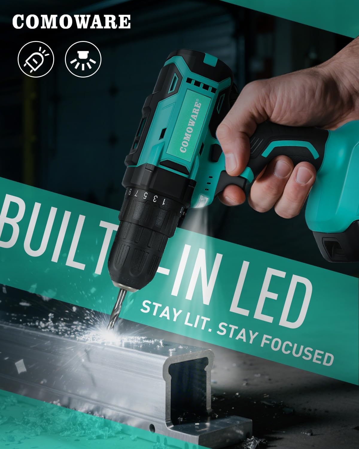 COMOWARE 20V Cordless Drill, Electric Power Drill Set with 1 Battery & Charger, 3/8" Keyless Chuck, 2 Variable Speed, 266 In-lb Torque, 25+1 Position and 34pcs Power/Driver Bits - Image 7