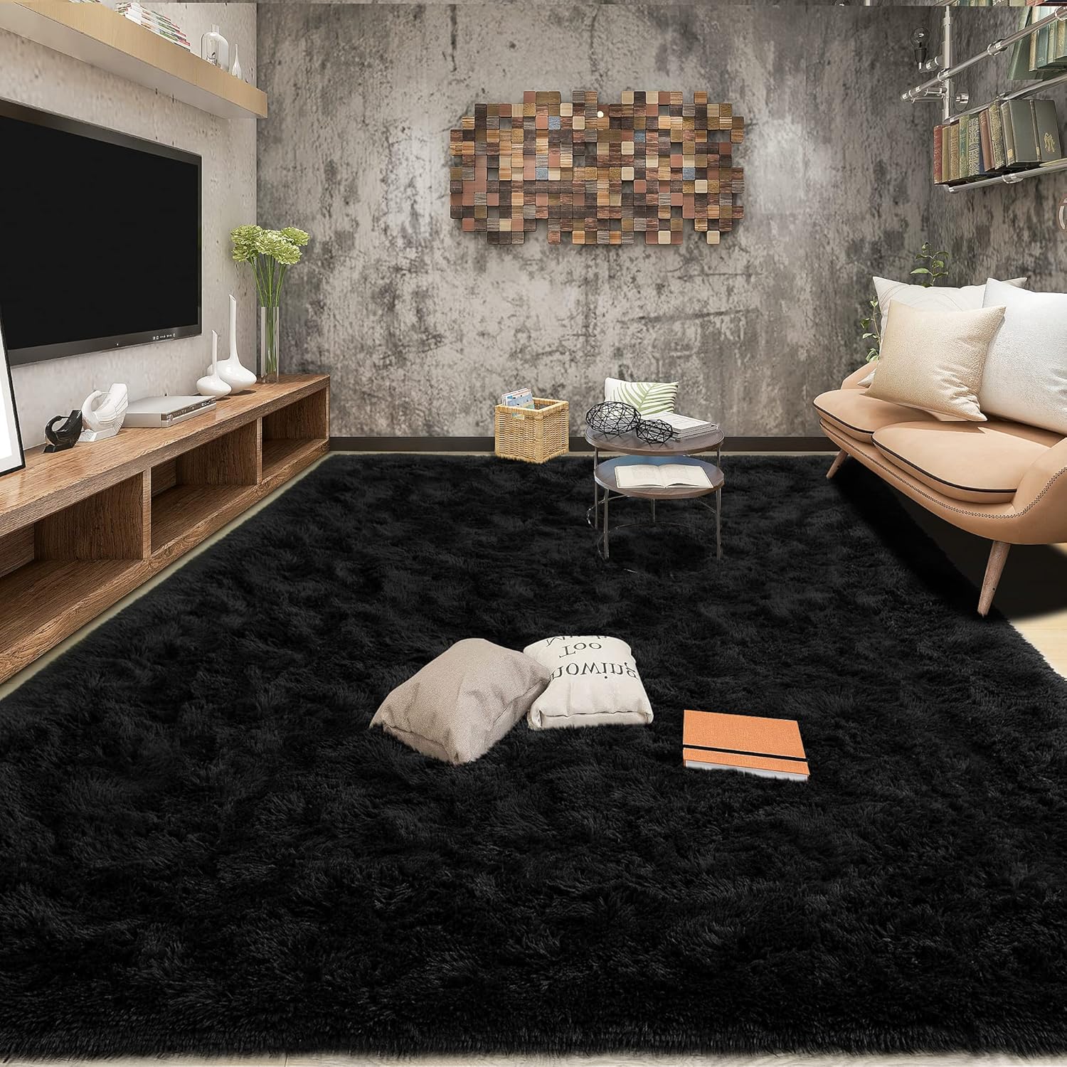 Tepook Super Soft Fluffy Rug for Bedroom, Modern Shaggy Fuzzy Kids Rugs for Living Room, Plush Indoor Nursery Home Decor Dorm Carpet with Non-Slip Bottom, Black, 4 X 6 Feet - Image 4