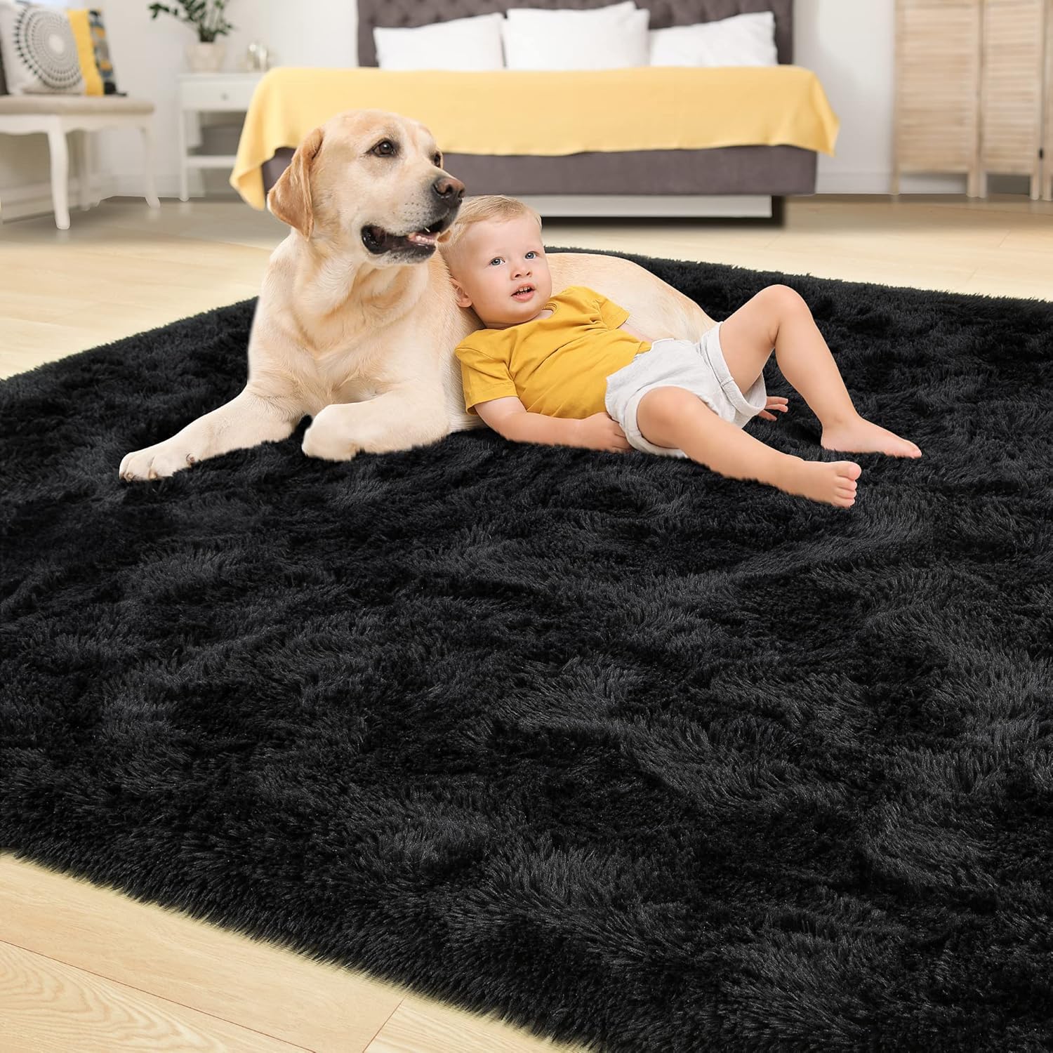 Tepook Super Soft Fluffy Rug for Bedroom, Modern Shaggy Fuzzy Kids Rugs for Living Room, Plush Indoor Nursery Home Decor Dorm Carpet with Non-Slip Bottom, Black, 4 X 6 Feet - Image 5