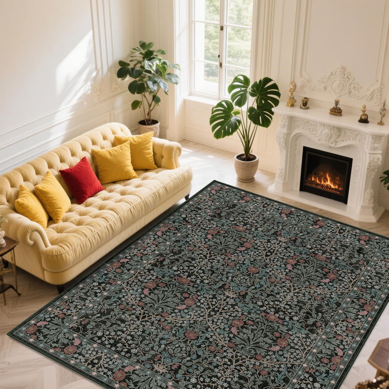 8x10 Washable Area Rugs for Living Room, Stain Resistant Vintage Rugs for Dining Room Under Kitchen Table, Bedroom, Floral Low Pile Non-Slip Large Carpet (8 x 10 Dark Green) - Image 4