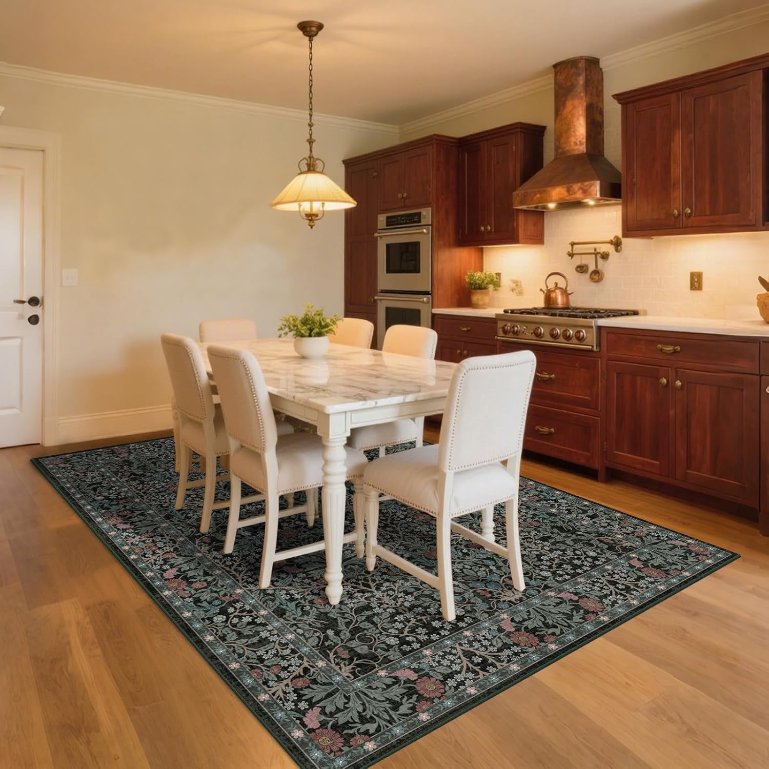 8x10 Washable Area Rugs for Living Room, Stain Resistant Vintage Rugs for Dining Room Under Kitchen Table, Bedroom, Floral Low Pile Non-Slip Large Carpet (8 x 10 Dark Green) - Image 5