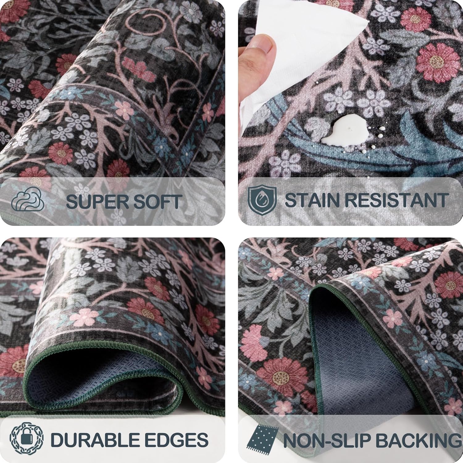 8x10 Washable Area Rugs for Living Room, Stain Resistant Vintage Rugs for Dining Room Under Kitchen Table, Bedroom, Floral Low Pile Non-Slip Large Carpet (8 x 10 Dark Green) - Image 7