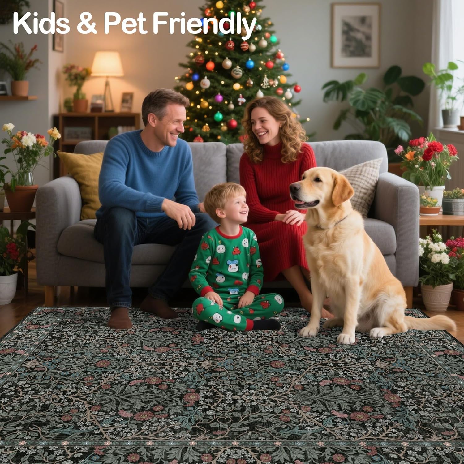 8x10 Washable Area Rugs for Living Room, Stain Resistant Vintage Rugs for Dining Room Under Kitchen Table, Bedroom, Floral Low Pile Non-Slip Large Carpet (8 x 10 Dark Green) - Image 8