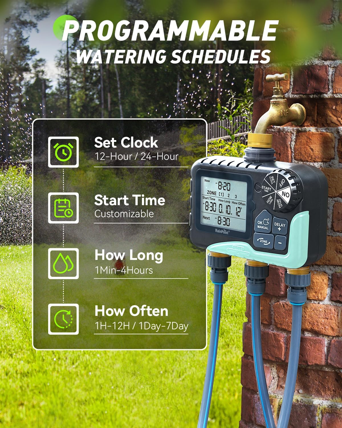 RAINPOINT 3 Zone Water Timer with Brass Inlet & Outlet, 3 Custom Watering Plans Sprinkler Timer, Featuring IP65 Waterproof,Rain Delay, Manual & Automatic Watering with Large LCD for Yard, 2026 Ver. - Image 5
