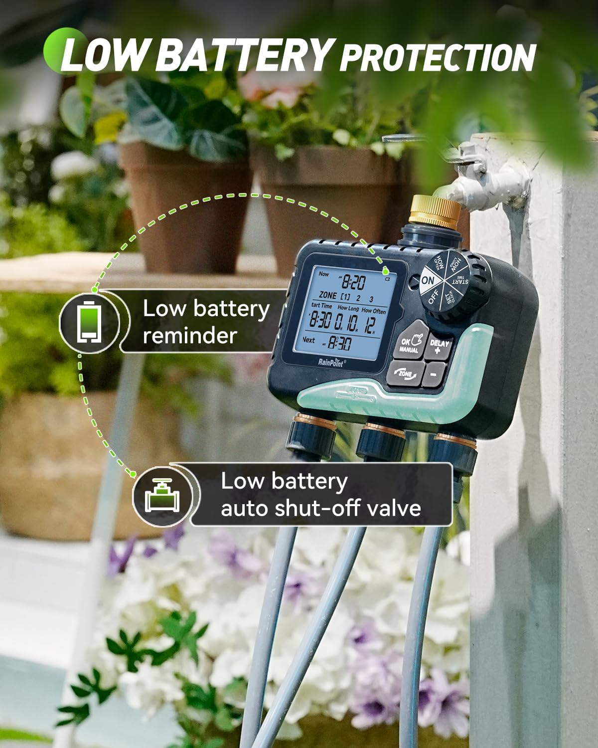 RAINPOINT 3 Zone Water Timer with Brass Inlet & Outlet, 3 Custom Watering Plans Sprinkler Timer, Featuring IP65 Waterproof,Rain Delay, Manual & Automatic Watering with Large LCD for Yard, 2026 Ver. - Image 9