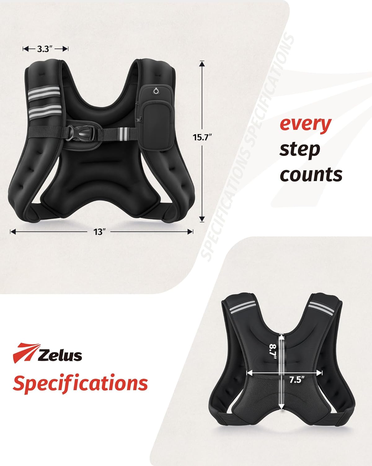 ZELUS Weighted Vest, 6lb/8lb/12lb/16lb/20lb/25lb/30lb Weight Vest with Reflective Stripe for Workout, Strength Training, Running, Fitness, Muscle Building, Weight Loss, Weightlifting - Image 9