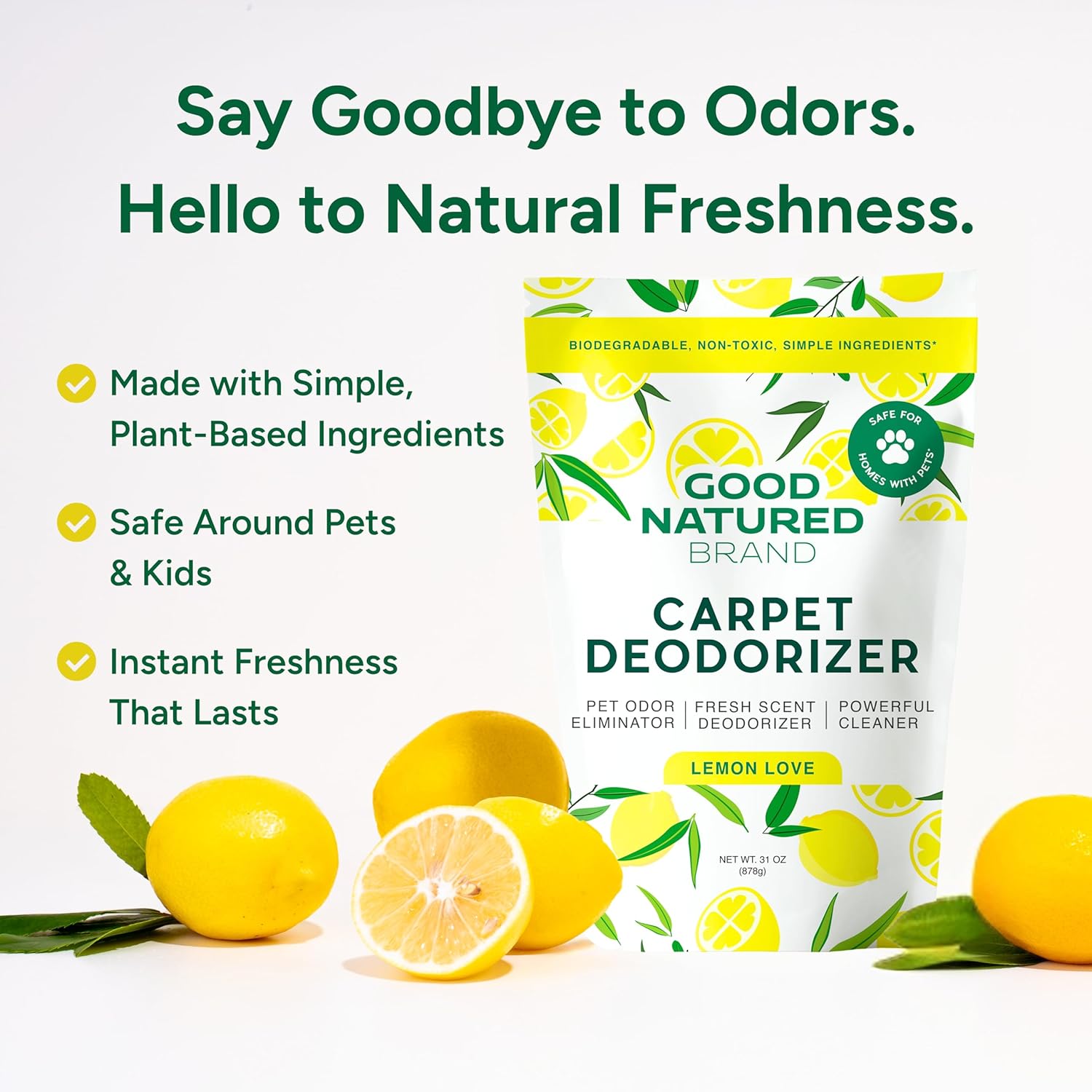 Good Natured Brand | Carpet Deodorizer & Freshener Powder | 31 oz Pet Odor Eliminator for Strong Odor & Pet Urine | Fresh Natural Lemon Scent | Safe for Homes with Pets - Image 3
