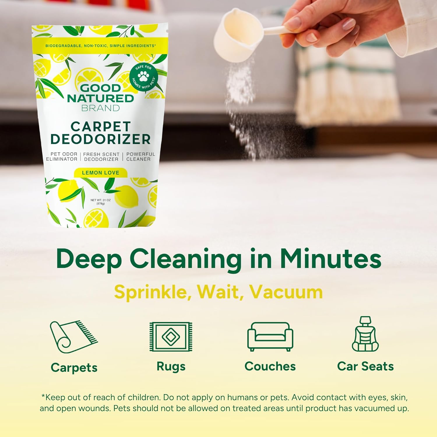 Good Natured Brand | Carpet Deodorizer & Freshener Powder | 31 oz Pet Odor Eliminator for Strong Odor & Pet Urine | Fresh Natural Lemon Scent | Safe for Homes with Pets - Image 4