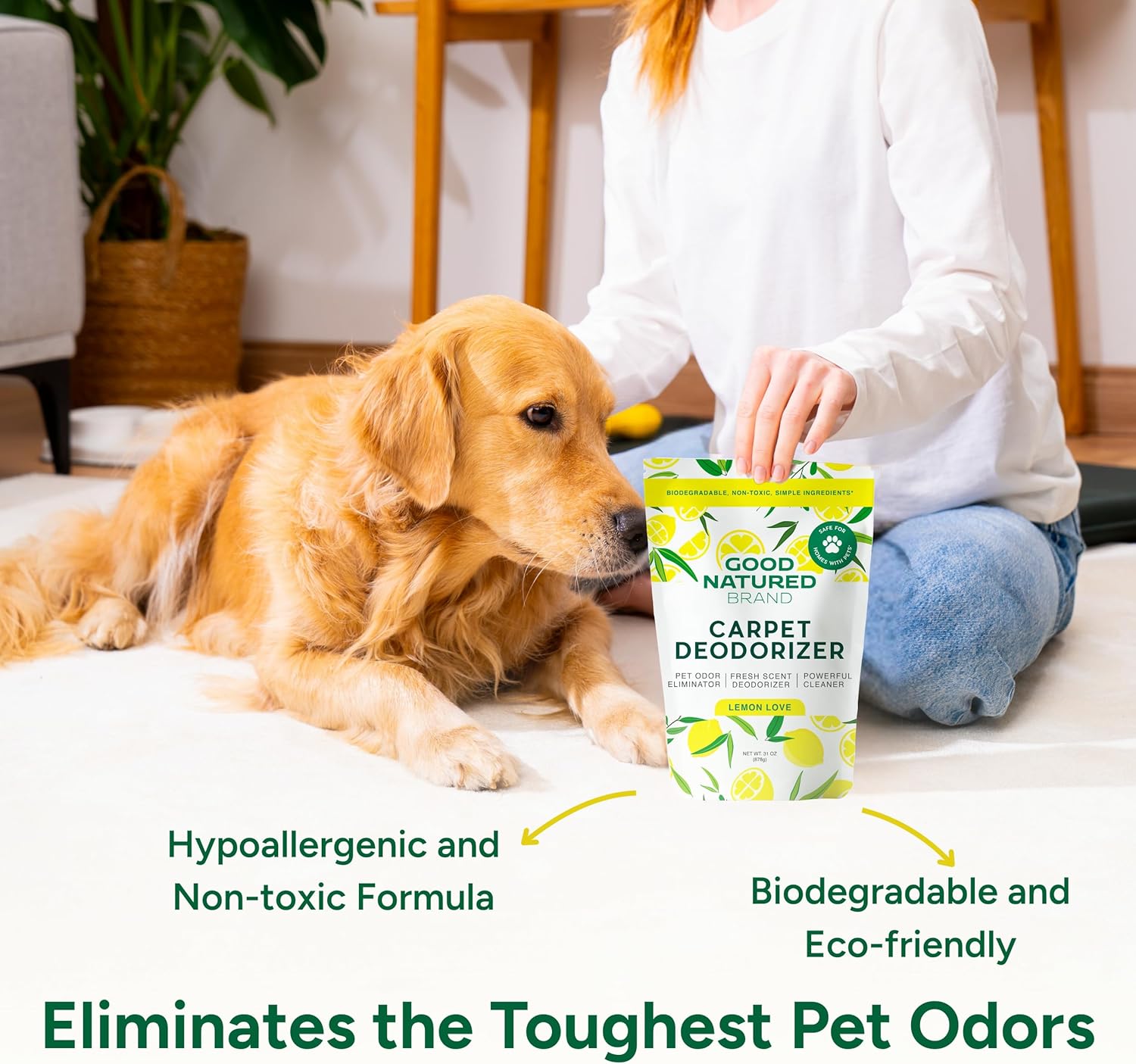 Good Natured Brand | Carpet Deodorizer & Freshener Powder | 31 oz Pet Odor Eliminator for Strong Odor & Pet Urine | Fresh Natural Lemon Scent | Safe for Homes with Pets - Image 6