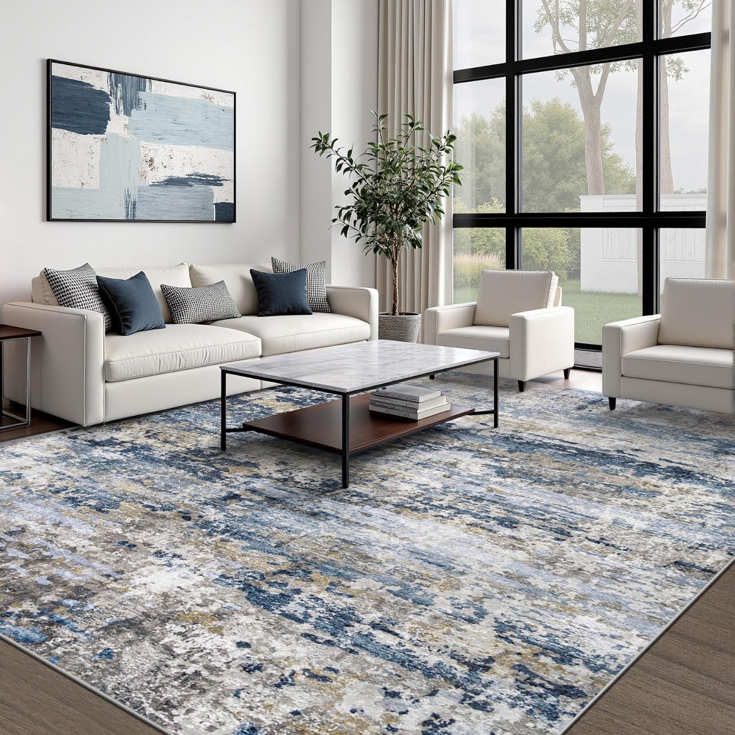 pmtsns 8x10 Washable Area Rugs, Modern Abstract Living Room Rug Non Slip Low Pile Large Carpet for Bedroom Dining Room Home Office Kids Room, Blue Grey Brown, 8Ftx10Ft(244cmx305cm) - Image 3