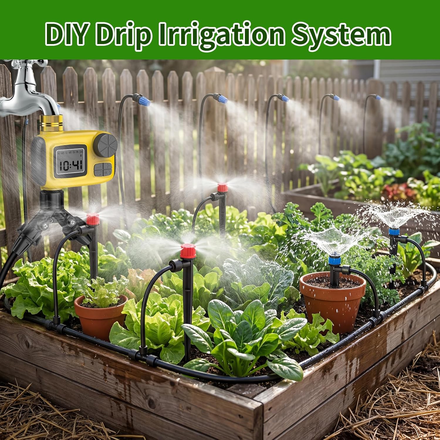 165FT Drip Irrigation System with Timer, Automatic DIY Garden Watering Kit with 1/2" & 1/4" Tubing, Solid Brass Connectors & Adjustable Sprayers for Plants, Garden, Lawn, Greenhouse, Raised Beds - Image 7