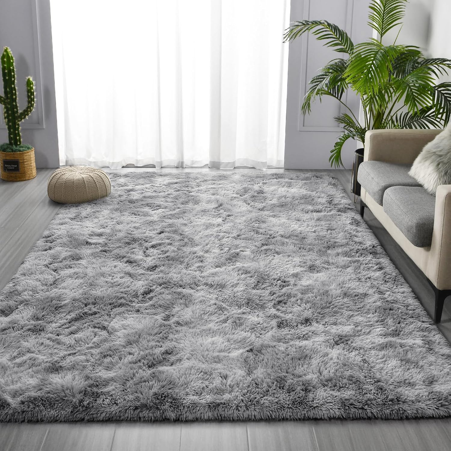 Deerhoo Large Shag Area Rugs 6 x 9, Tie-Dyed Plush Fuzzy Rug for Living Room, Ultra Soft Fluffy Furry Rugs for Bedroom, Indoor Carpet Nursery Rugs for Kids Room Home Decor, Light Grey - Image 4
