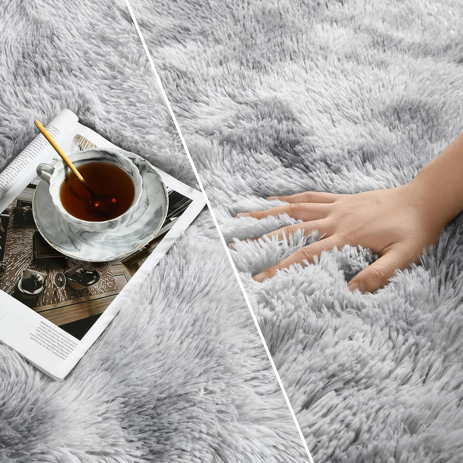 Deerhoo Large Shag Area Rugs 6 x 9, Tie-Dyed Plush Fuzzy Rug for Living Room, Ultra Soft Fluffy Furry Rugs for Bedroom, Indoor Carpet Nursery Rugs for Kids Room Home Decor, Light Grey - Image 5