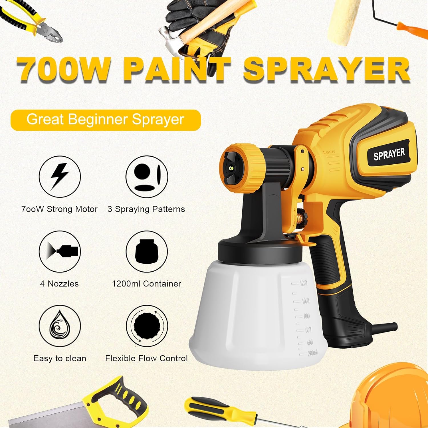 VONFORN Paint Sprayer, 700W HVLP Spray Gun with Cleaning & Blowing Joints, 4 Nozzles and 3 Patterns, Easy to Clean, for Furniture, Cabinets, Fence, Walls, Door, Garden Chairs etc. VF803 Yellow - Image 3