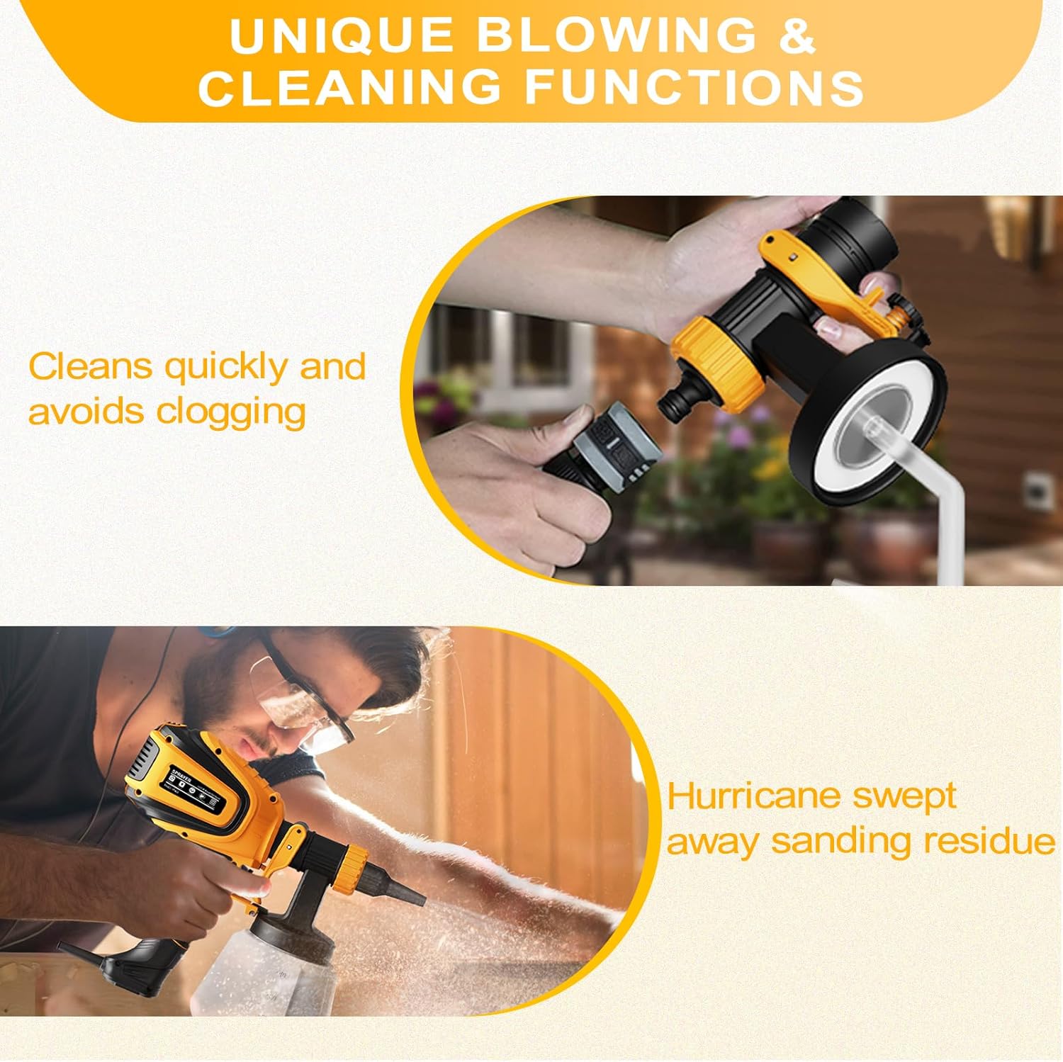 VONFORN Paint Sprayer, 700W HVLP Spray Gun with Cleaning & Blowing Joints, 4 Nozzles and 3 Patterns, Easy to Clean, for Furniture, Cabinets, Fence, Walls, Door, Garden Chairs etc. VF803 Yellow - Image 6