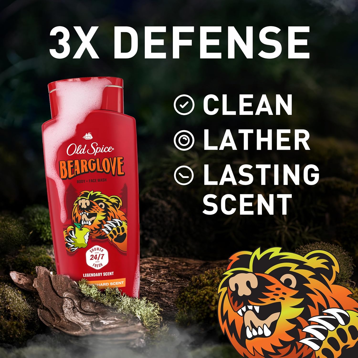 Old Spice Cleansing Body Wash for Men, 3X Defense, 24/7 Shower Fresh with Lasting Scent, 2-in-1 Body & Face Wash, Bearglove with Crisp Orchard Scent, 24 oz (Pack of 4) - Image 3