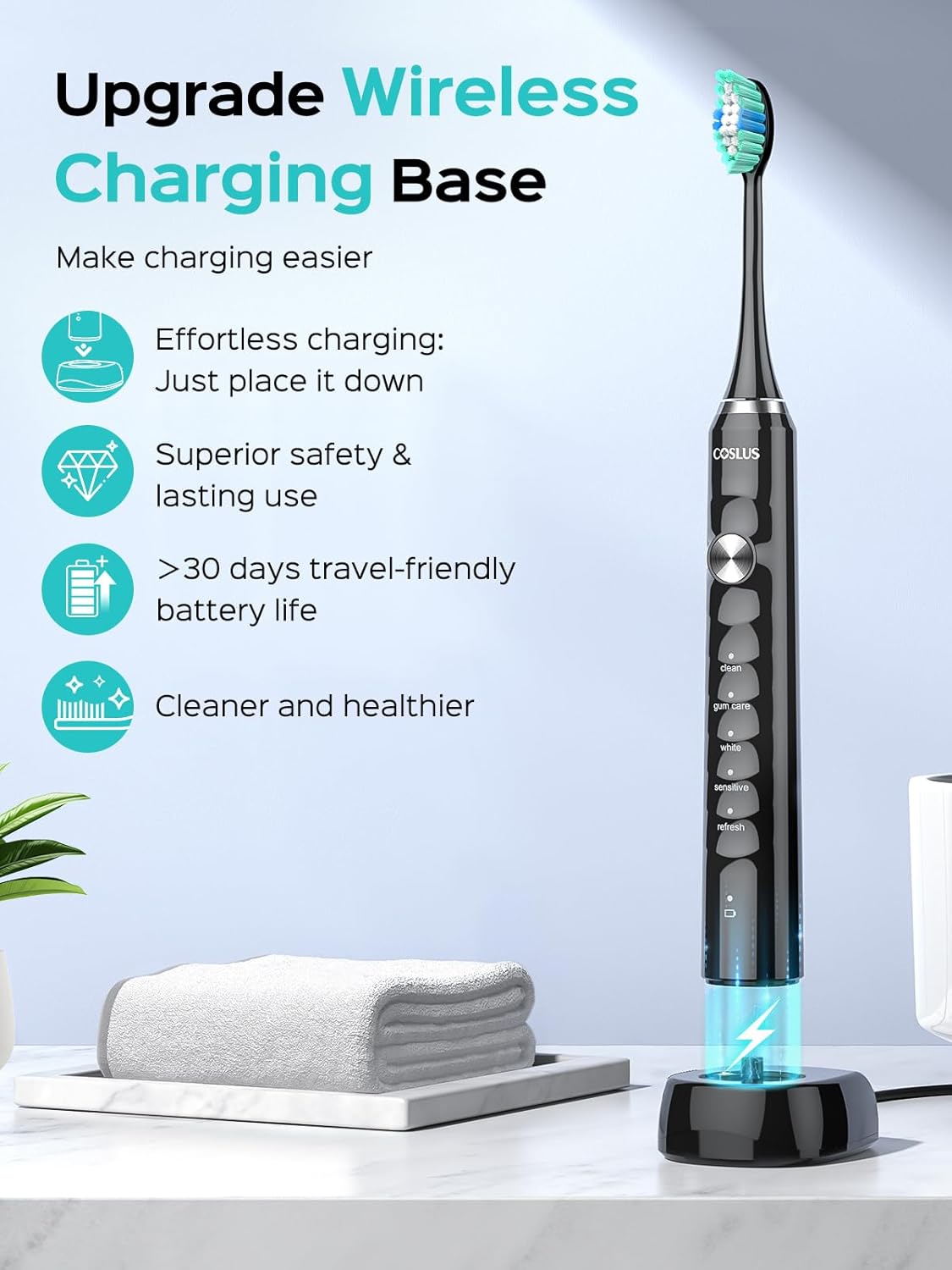 COSLUS Sonic Electric Toothbrush for Adults C40(DY-108Pro): 47000 VPM for Deep Cleaning with Travel Case - 5 Modes for Sensitive Teeth & Brace, Wireless Charging, 6 Brush Heads for Family, Black (1PC) - Image 5
