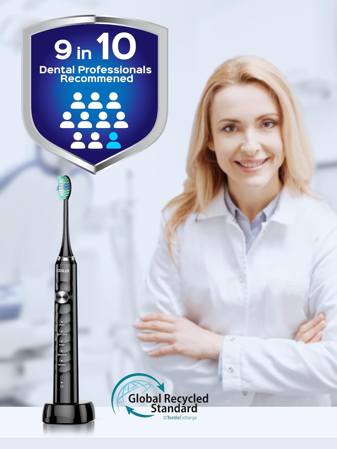 COSLUS Sonic Electric Toothbrush for Adults C40(DY-108Pro): 47000 VPM for Deep Cleaning with Travel Case - 5 Modes for Sensitive Teeth & Brace, Wireless Charging, 6 Brush Heads for Family, Black (1PC) - Image 6