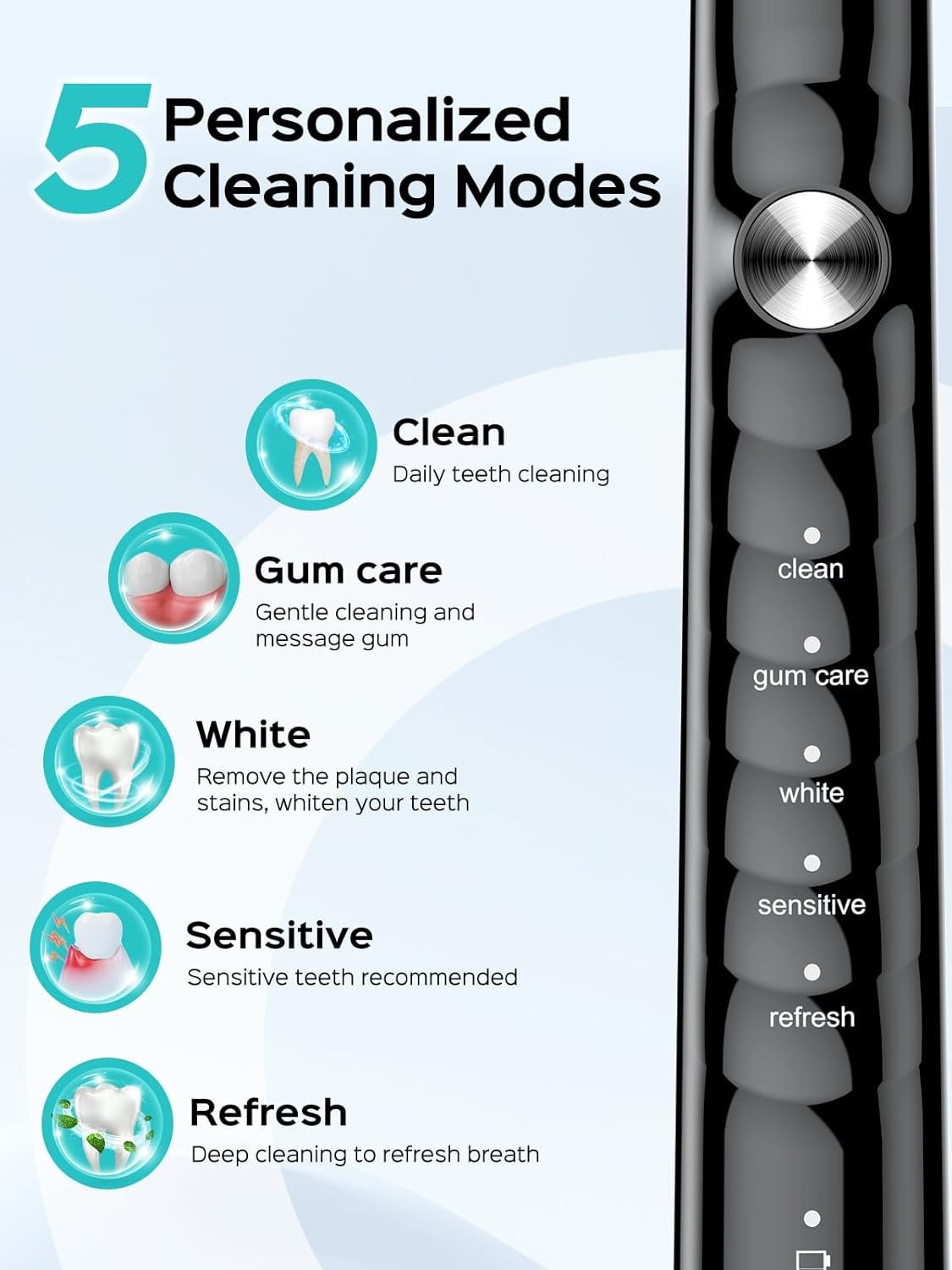 COSLUS Sonic Electric Toothbrush for Adults C40(DY-108Pro): 47000 VPM for Deep Cleaning with Travel Case - 5 Modes for Sensitive Teeth & Brace, Wireless Charging, 6 Brush Heads for Family, Black (1PC) - Image 8