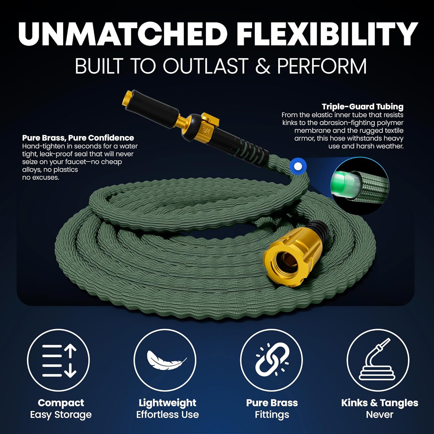 TITAN Flexible Garden Hose 50FT – Ultra Lightweight, Heavy Duty Water Hose with Brass Fittings & Jet Nozzle – Kink-Free, Non-Expanding, Durable Fabric Hose for Yard, Lawn, Car Wash, Outdoor Use - Image 8