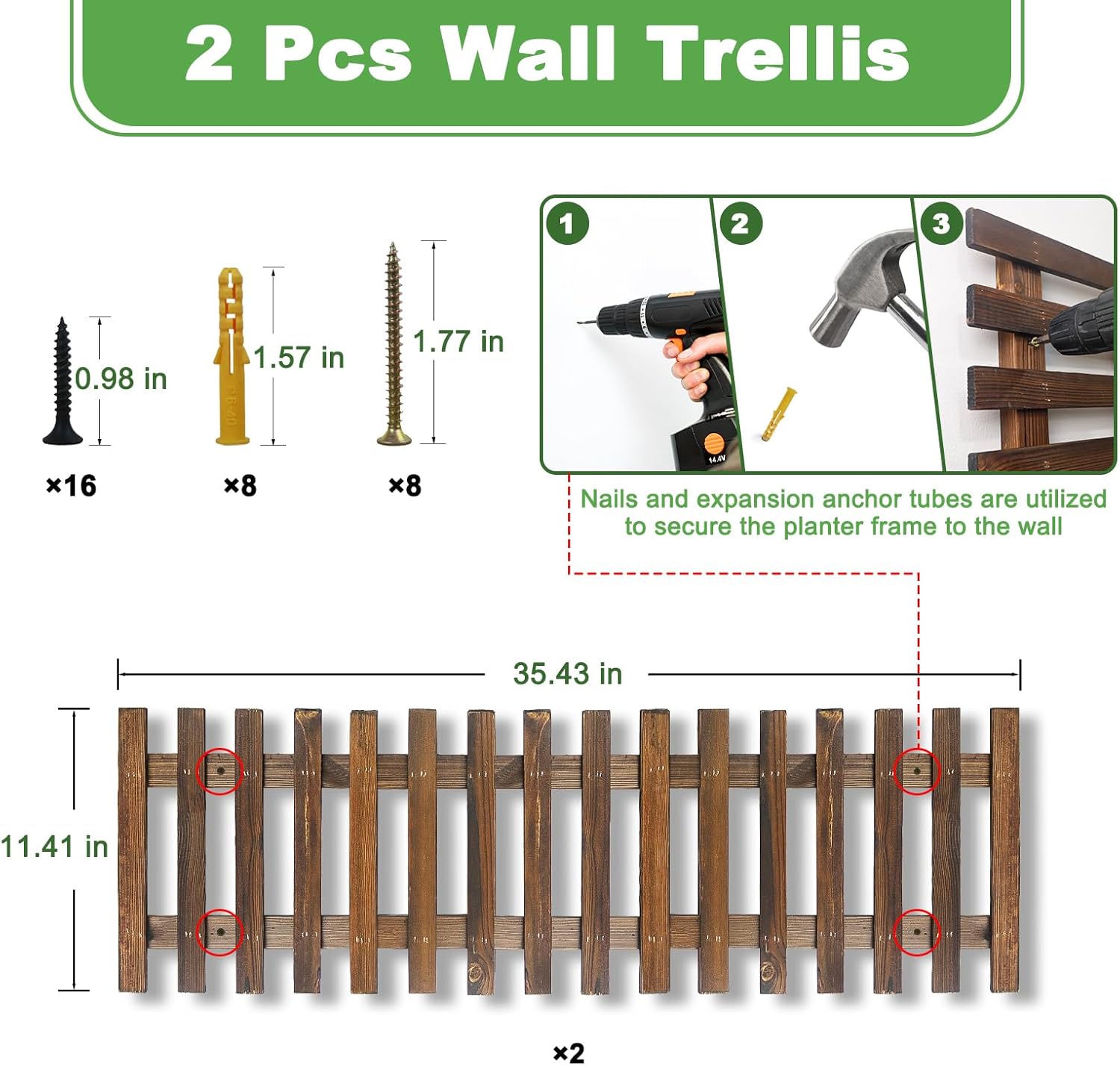 Mulctun 2 Pcs Wall Planters - 11.4"W x 35.43"H Wooden Wall Planters for Indoor Outdoor Plants,Hanging Wood Wall Trellis,Wall Mounted Plant Holder for Orchids,Succulent,Air Plants,Hanging Pots Display - Image 3