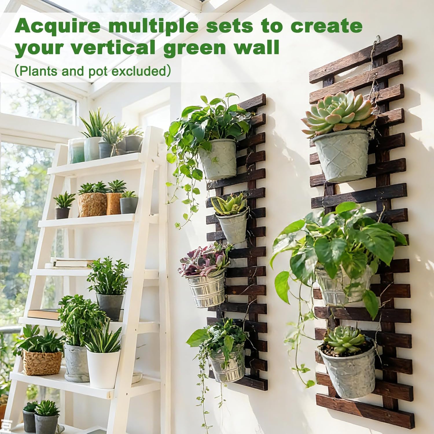 Mulctun 2 Pcs Wall Planters - 11.4"W x 35.43"H Wooden Wall Planters for Indoor Outdoor Plants,Hanging Wood Wall Trellis,Wall Mounted Plant Holder for Orchids,Succulent,Air Plants,Hanging Pots Display - Image 5