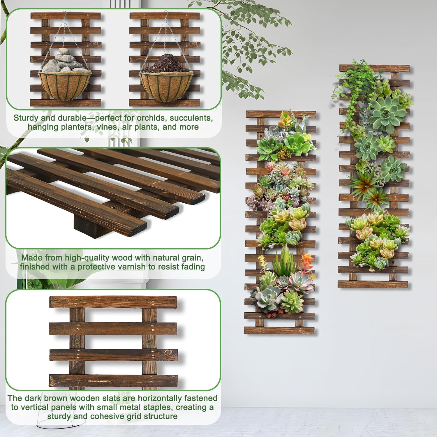 Mulctun 2 Pcs Wall Planters - 11.4"W x 35.43"H Wooden Wall Planters for Indoor Outdoor Plants,Hanging Wood Wall Trellis,Wall Mounted Plant Holder for Orchids,Succulent,Air Plants,Hanging Pots Display - Image 6