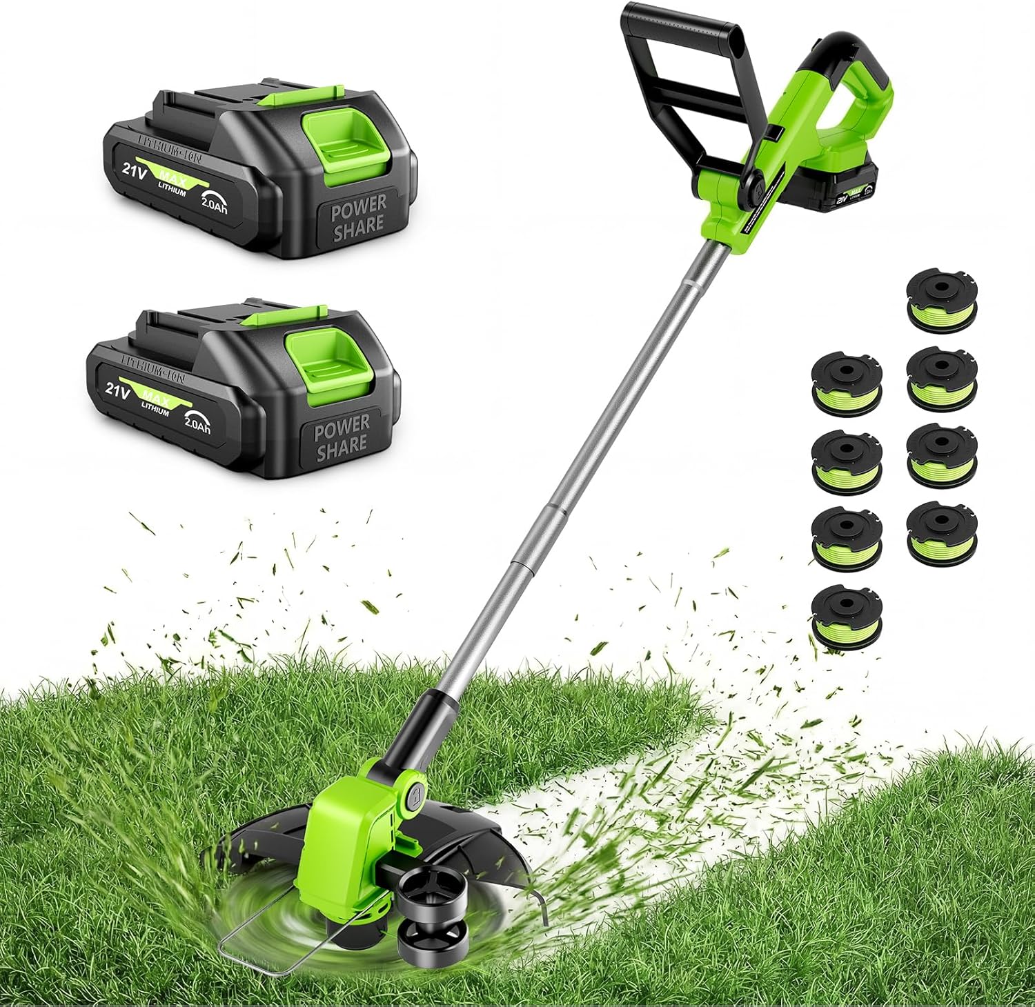 21V Weed Wacker Cordless & Lawn Edger, 9000RPM Electric Weed Eater with 2x2.0Ah Battery, 12" Auto Line Feed String Trimmer with 8 Pcs Spools, Lightweight Edger Lawn Tool for Yard, Green - Image 2