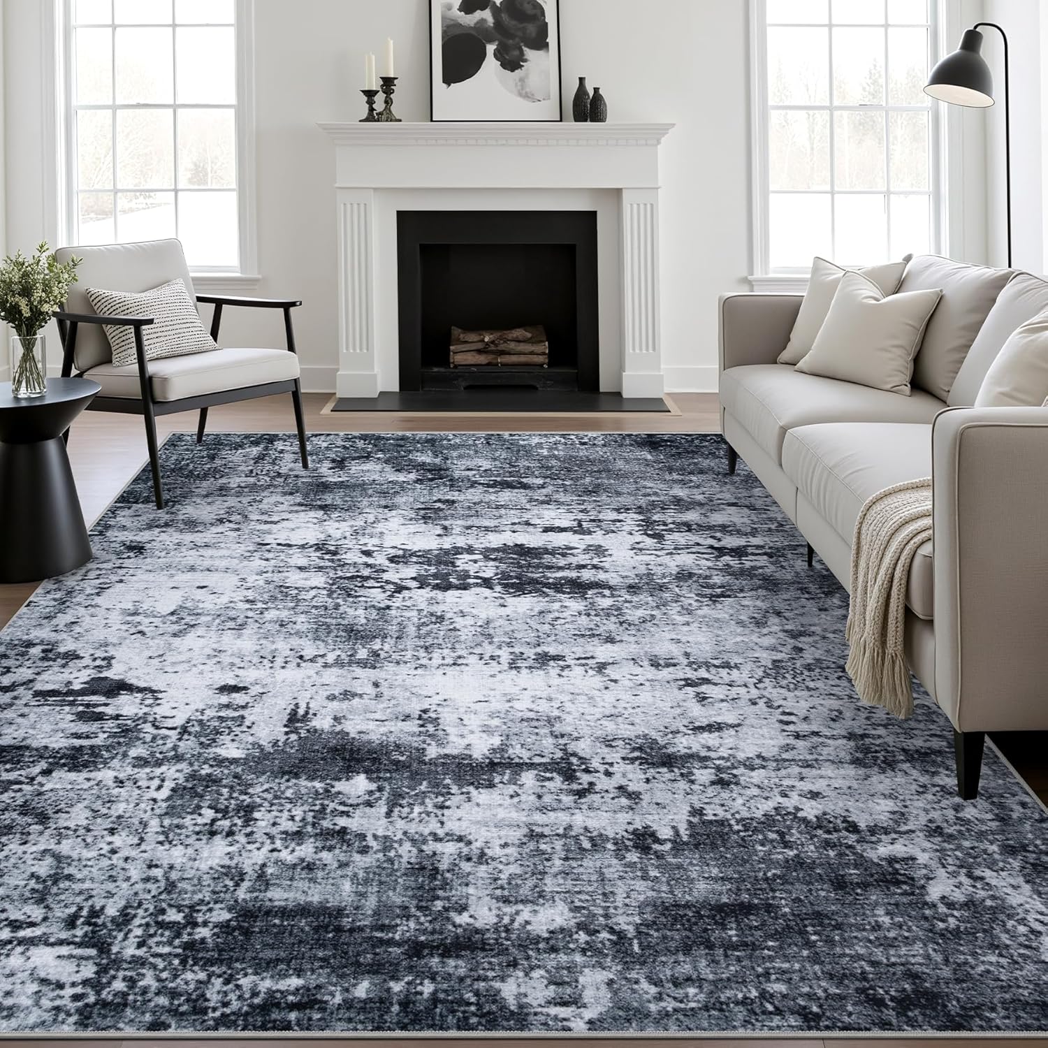 5x7 Area Rug Living Room Rug: Washable Modern Abstract Soft Thin Rug Indoor Floor No Slip Stain Resistant Carpet for Bedroom Dining Room Farmhouse Nursery Home Office - Black - Image 2