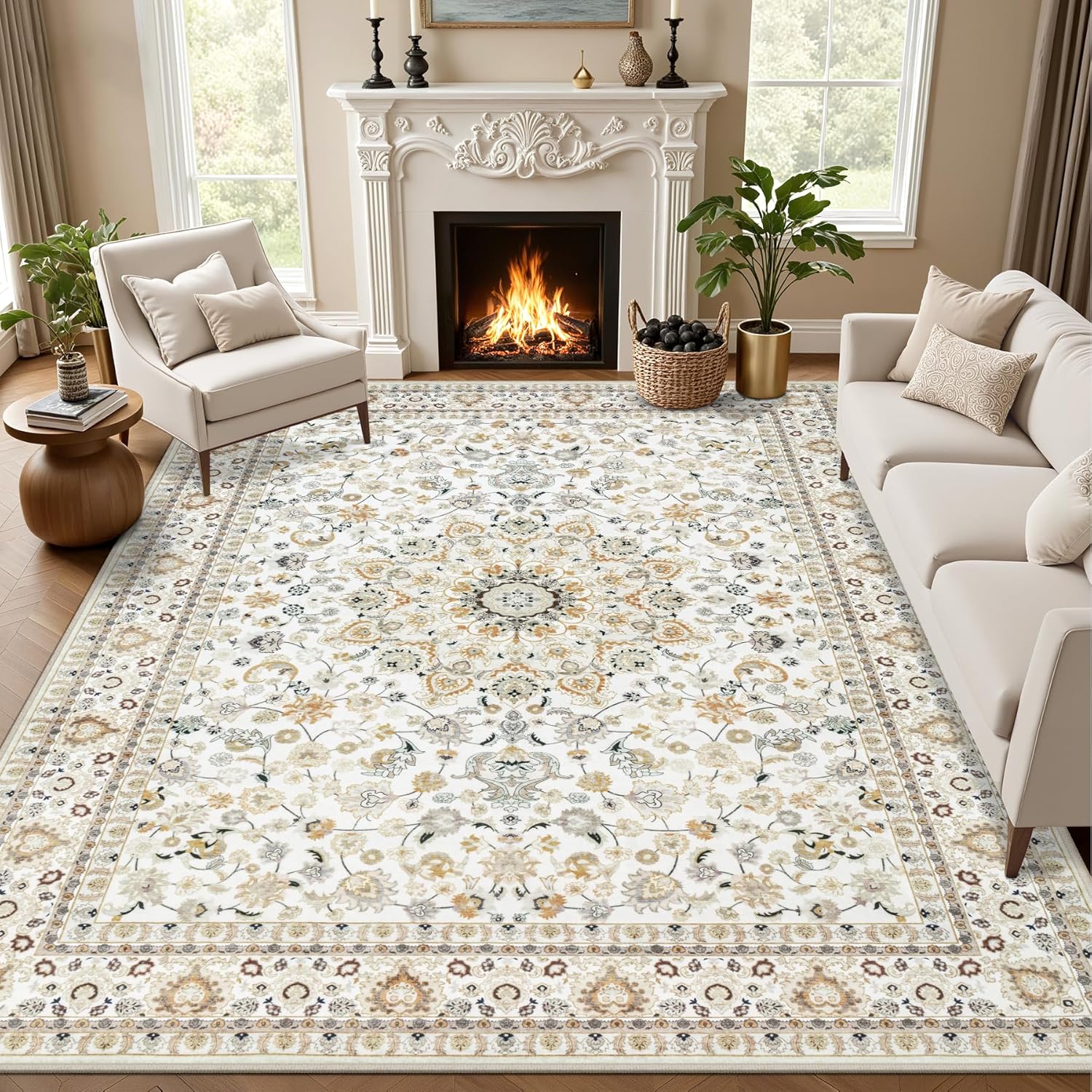 5x7 Area Rugs Living Room Rug: Washable Vintage Boho Rug No Slip Stain Resistant Soft Carpet Indoor Floor Floral Large Carpets for Bedroom Dining Room Farmhouse Nursery Hallway Home Office Beige - Image 2