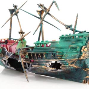 SLOCME Aquarium Shipwreck Decorations – Air Bubbler Sunken Ship Ornament, Fish Tank Air Action Aerating Decorations