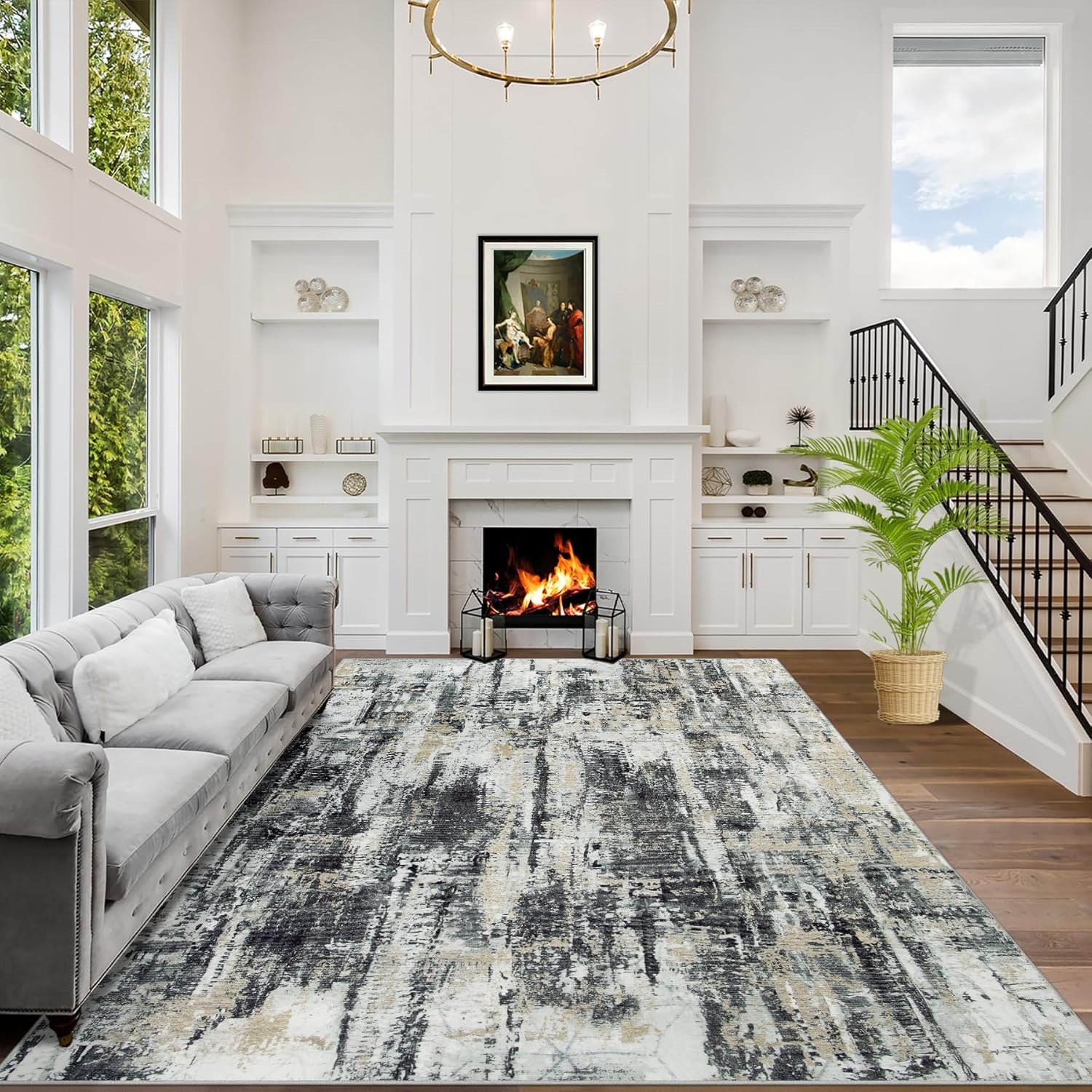 8x10 Area Rugs Washable Rug: Large Modern Abstract Living Room Rug Soft Anti-Skid Thin Carpet Indoor Floor Non-Shedding Carpets for Bedroom Dining Farmhouse Nursery Home Office Black Grey Gold - Image 2