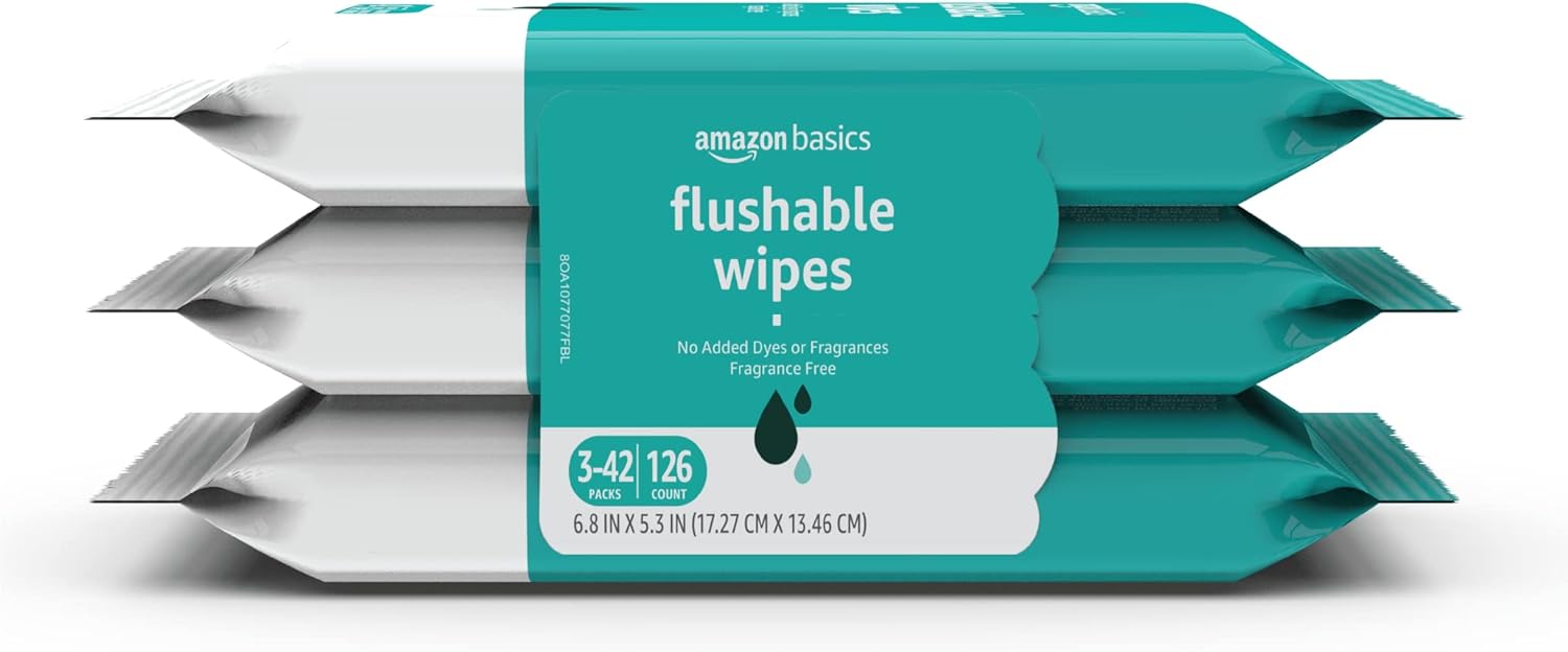 Amazon Basics Adult Wet Wipes Flushable formulated without Fragrance, 126 Count (3 Packs of 42) Packaging May Vary - Image 2