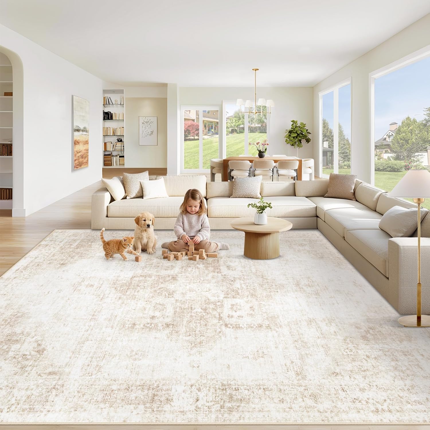 Area Rug 8x10 Washable Rug, Vintage Boho Medallion Rugs Non-Slip Soft Low Pile Large Distressed Rug Indoor Retro Carpet for Living Room Bedroom Dining Room Office Children's Room(Beige, 8'x10') - Image 2