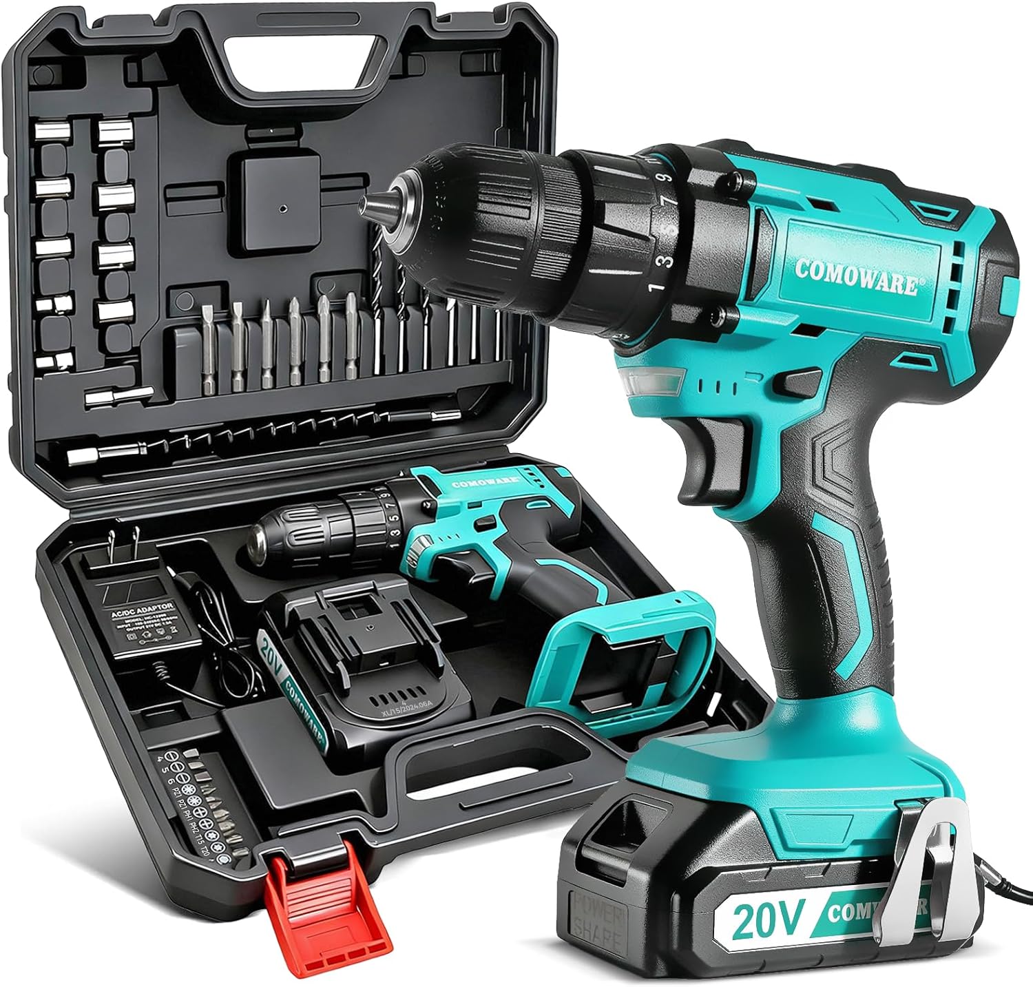 COMOWARE 20V Cordless Drill, Electric Power Drill Set with 1 Battery & Charger, 3/8" Keyless Chuck, 2 Variable Speed, 266 In-lb Torque, 25+1 Position and 34pcs Power/Driver Bits - Image 2