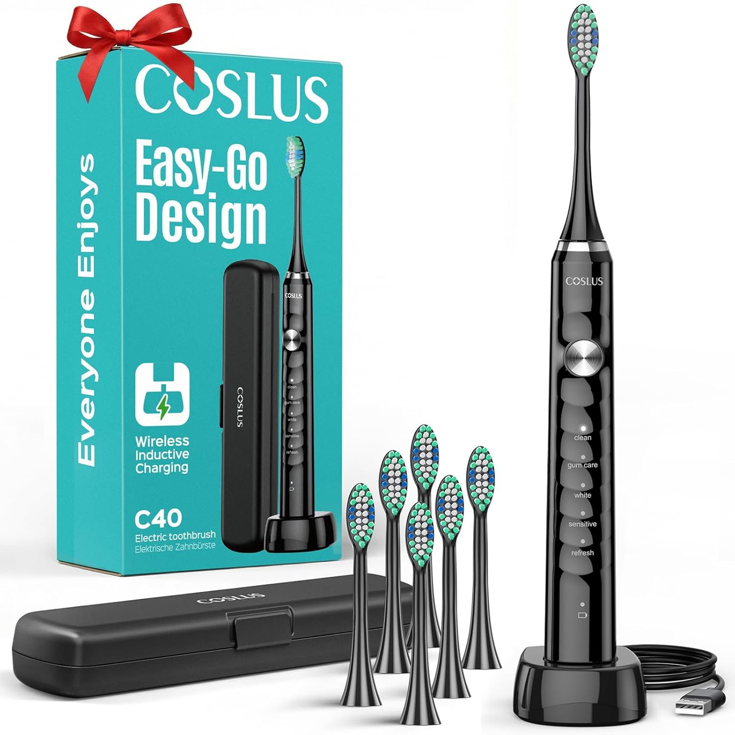 COSLUS Sonic Electric Toothbrush for Adults C40(DY-108Pro): 47000 VPM for Deep Cleaning with Travel Case - 5 Modes for Sensitive Teeth & Brace, Wireless Charging, 6 Brush Heads for Family, Black (1PC) - Image 2