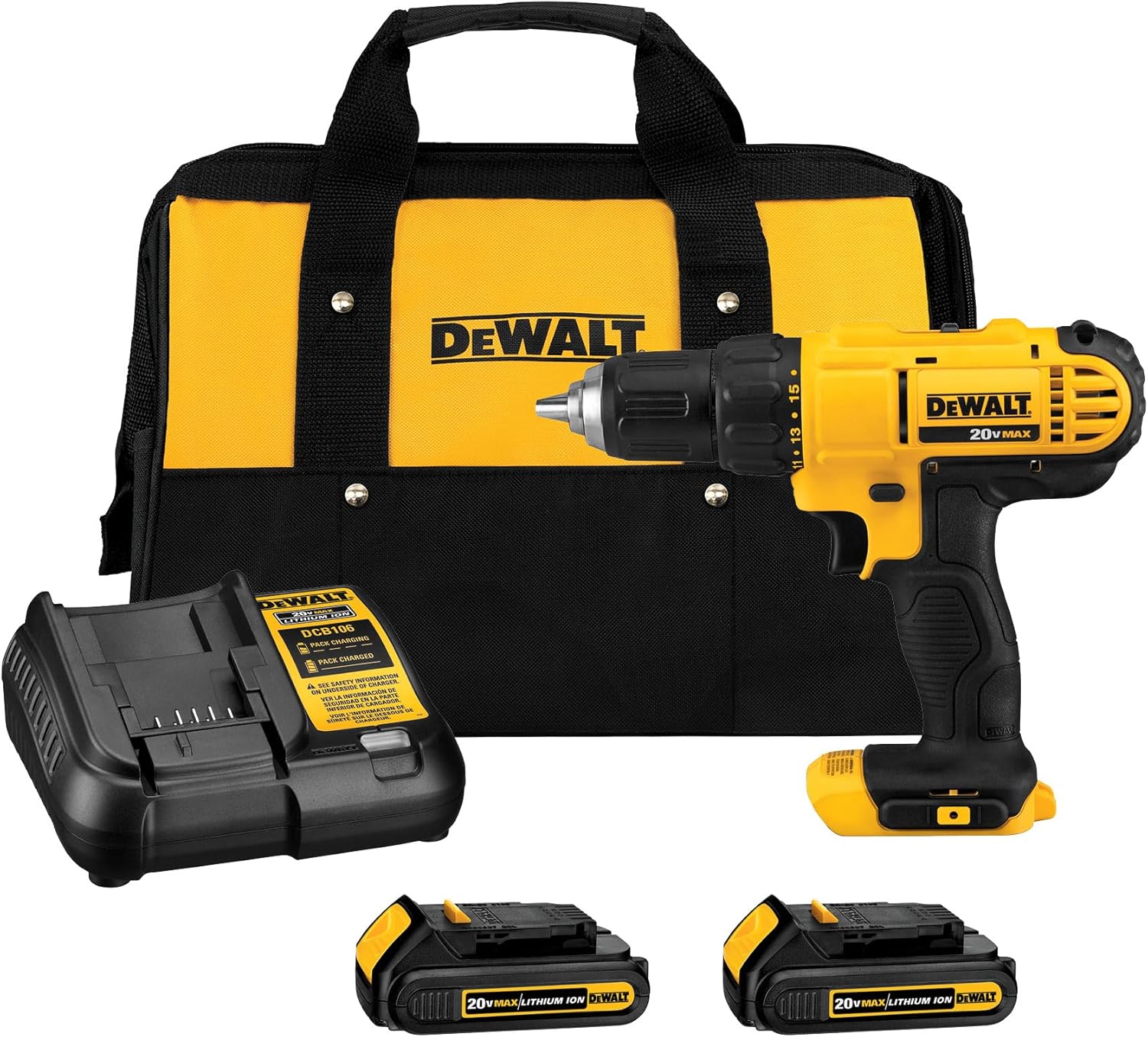 DEWALT 20V Max Cordless Drill Driver Set, 2 Speed, High Performance Motor, Includes 2 XR 1.3Ah Li-Ion Batteries, Charger and Contractor Bag (DCD771C2) - Image 2