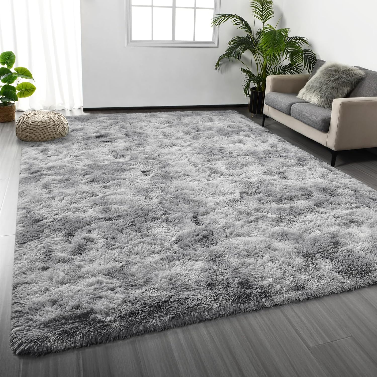 Deerhoo Large Shag Area Rugs 6 x 9, Tie-Dyed Plush Fuzzy Rug for Living Room, Ultra Soft Fluffy Furry Rugs for Bedroom, Indoor Carpet Nursery Rugs for Kids Room Home Decor, Light Grey - Image 2