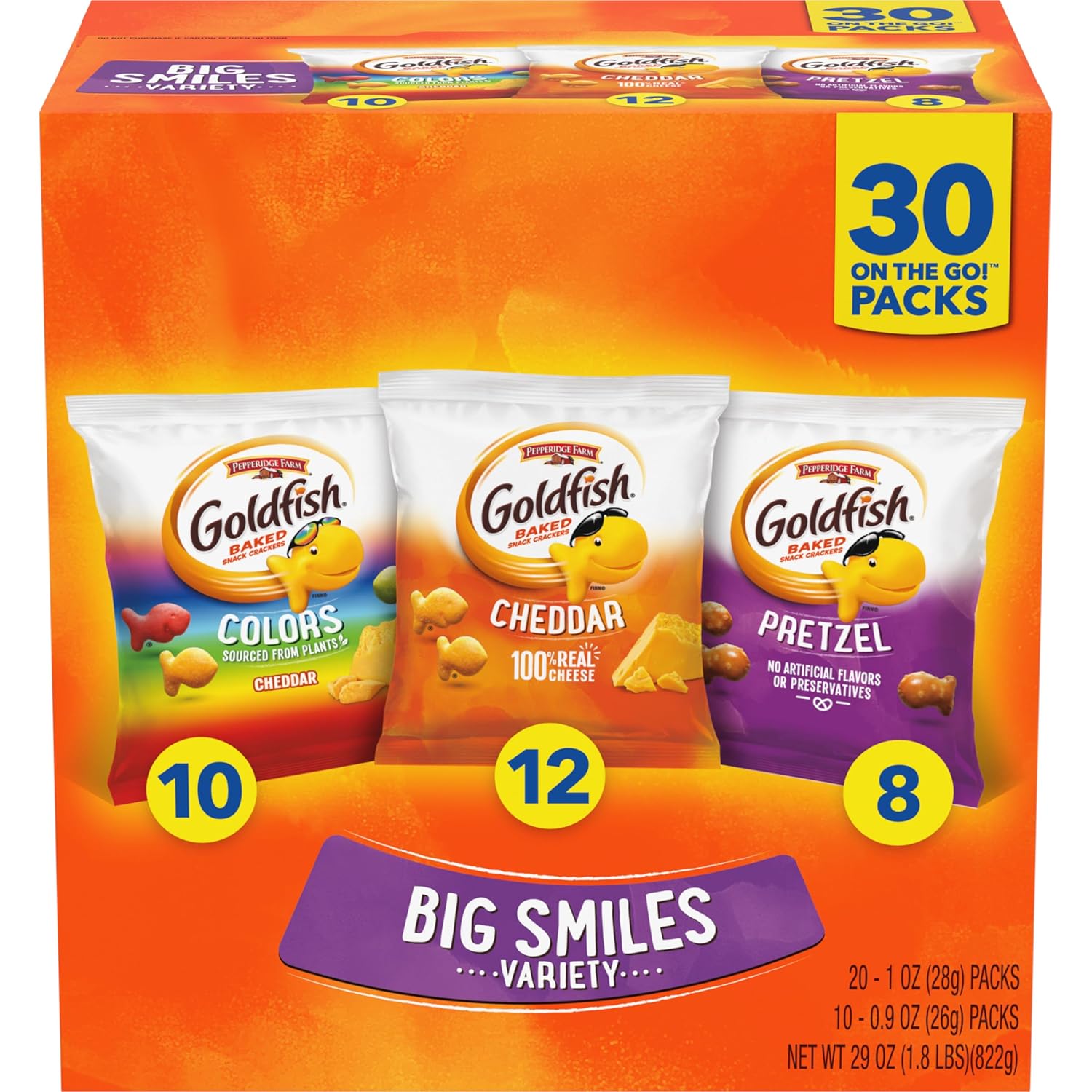 Goldfish Crackers Big Smiles Variety Pack with Cheddar, Colors, and Pretzels, Snack Packs, 30 Ct - Image 2