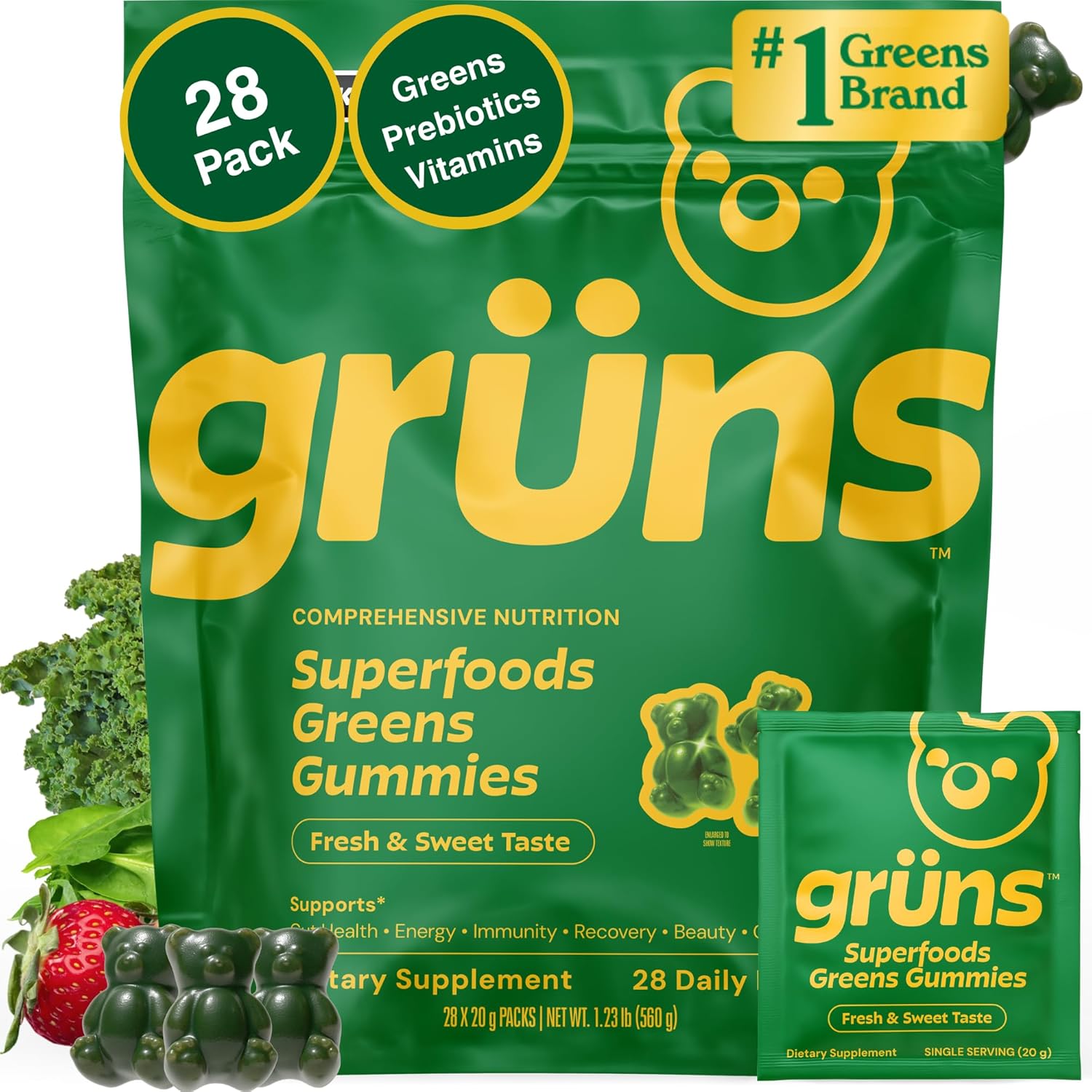 Gruns Adult Super Greens Multivitamin Gummies, Superfood Gummy Vitamins for Women and Men with Spirulina, Chlorella, Adaptogens & Prebiotic Fiber for Digestive Health (28 Count) - Image 2