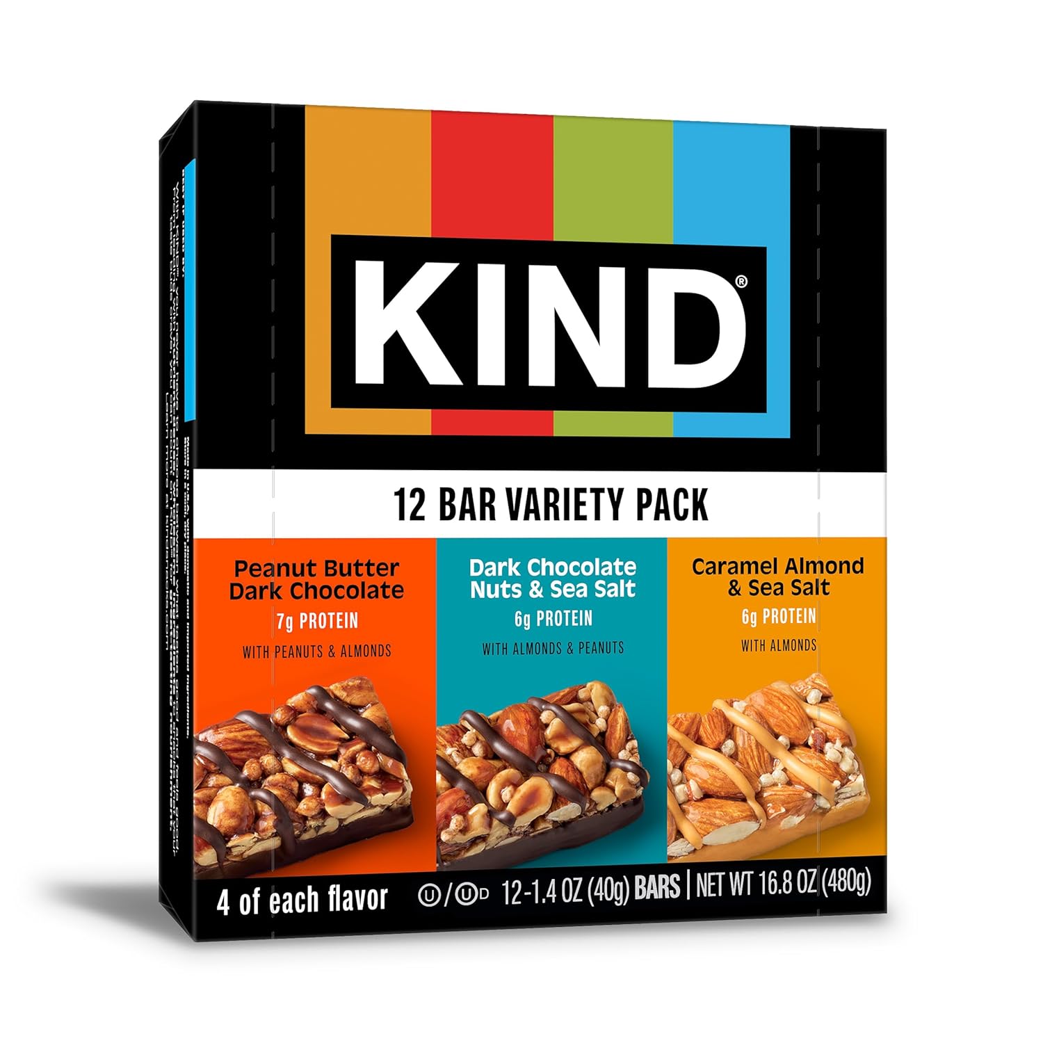 KIND Healthy Snacks Bars Variety Pack, Gluten Free, Low Sugar, High Fiber Snacks, Dark Chocolate Nuts & Sea Salt, Peanut Butter Dark Chocolate, Caramel Almond & Sea Salt, 6-7g Protein, 12 Count - Image 2